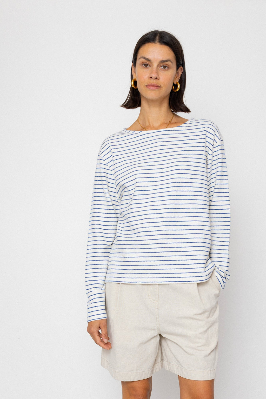 Boat Neck T-Shirt - Ecru / Bright Blue