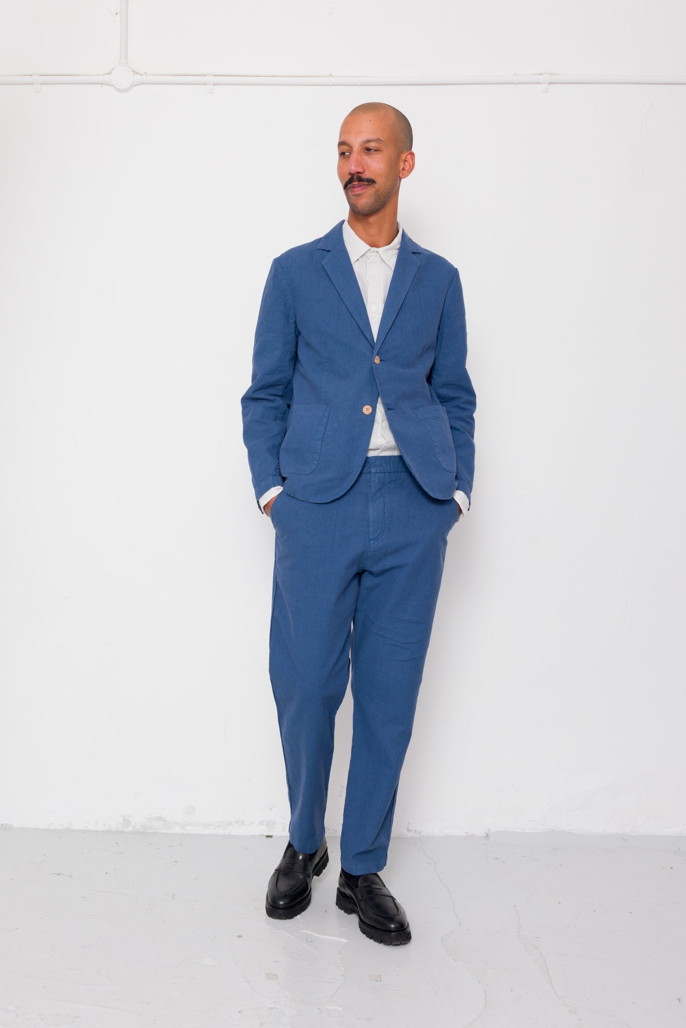 Fixed Waistband Cotton Linen Trouser - Woad
