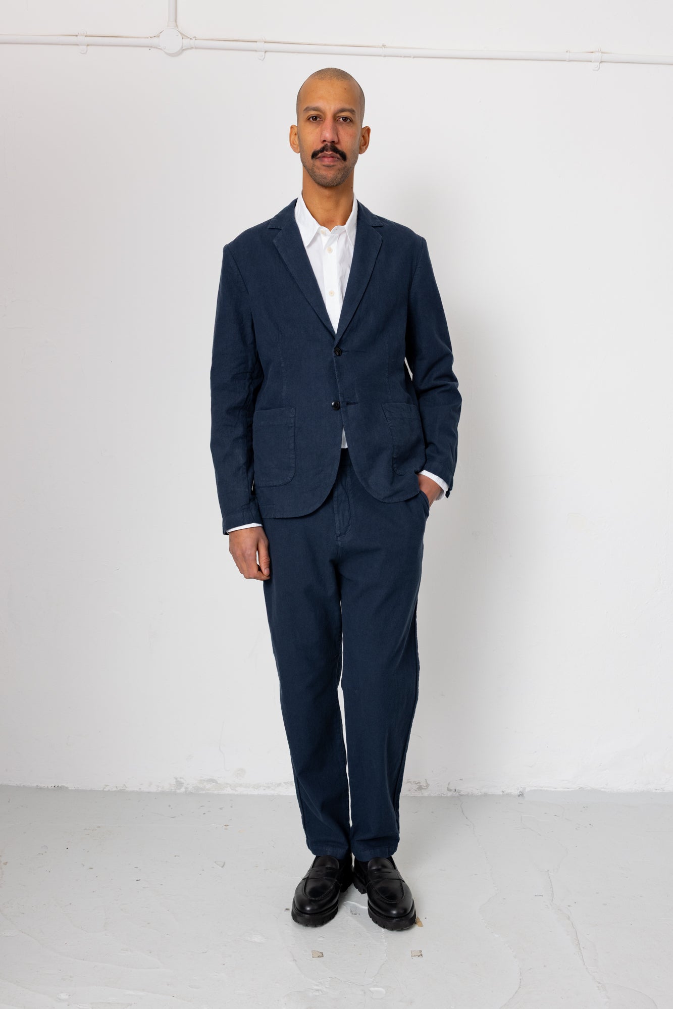 Fixed Waistband Cotton Linen Trouser - Dark Navy