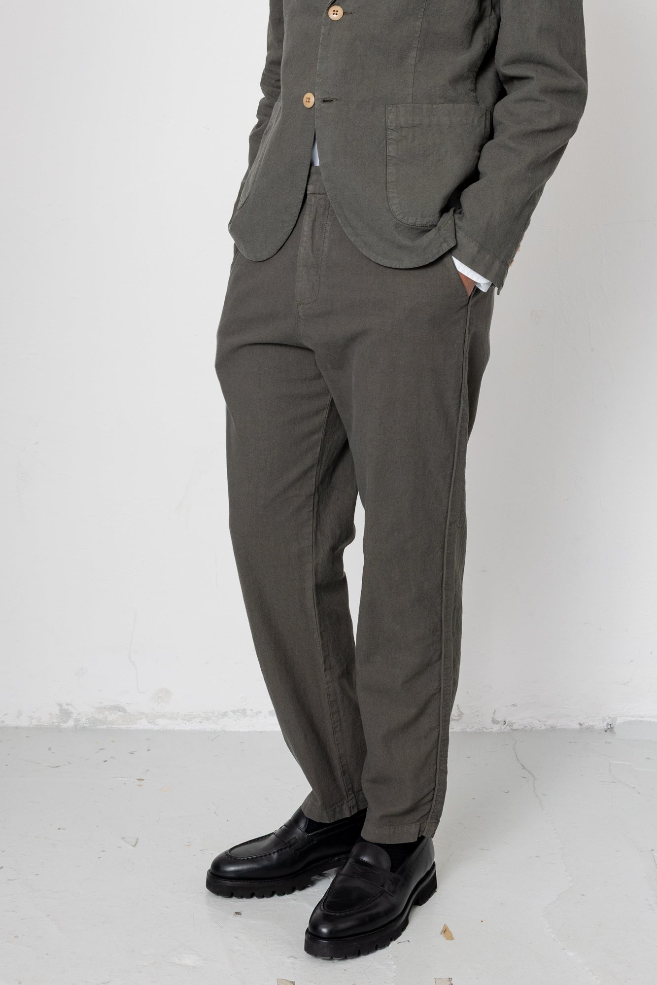 Fixed Waistband Cotton Linen Trouser - Dark Sage