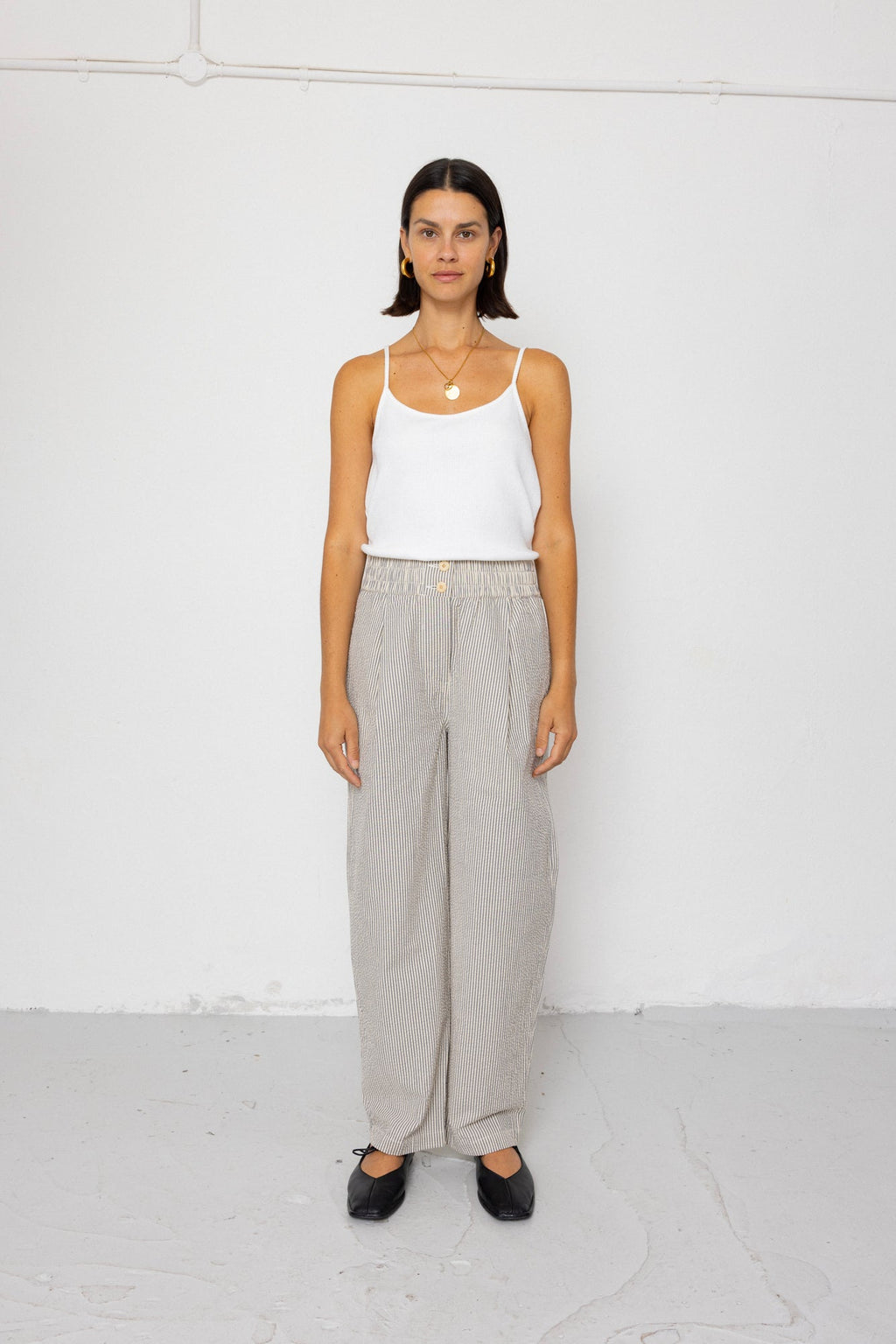 Drawcord Baggy Pants - Ecru Grey Stripe Seersucker