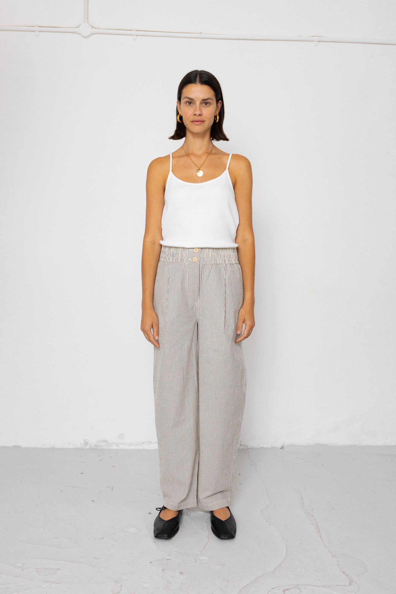 Drawcord Baggy Pants - Ecru Grey Stripe Seersucker