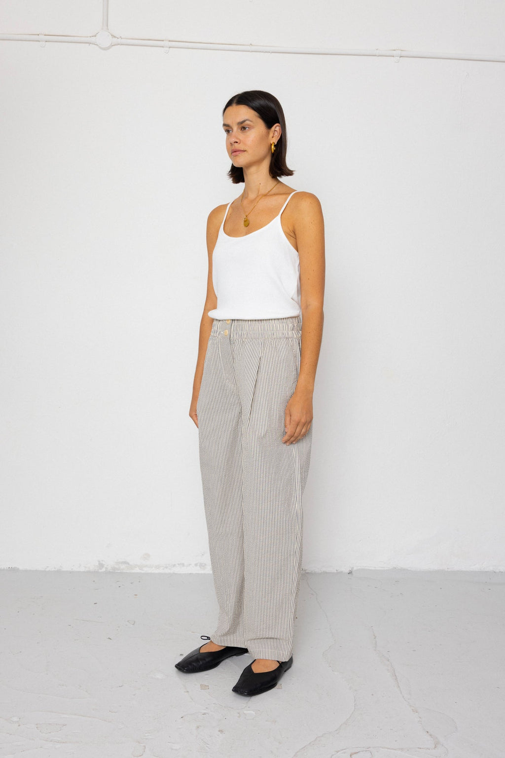 Drawcord Baggy Pants - Ecru Grey Stripe Seersucker