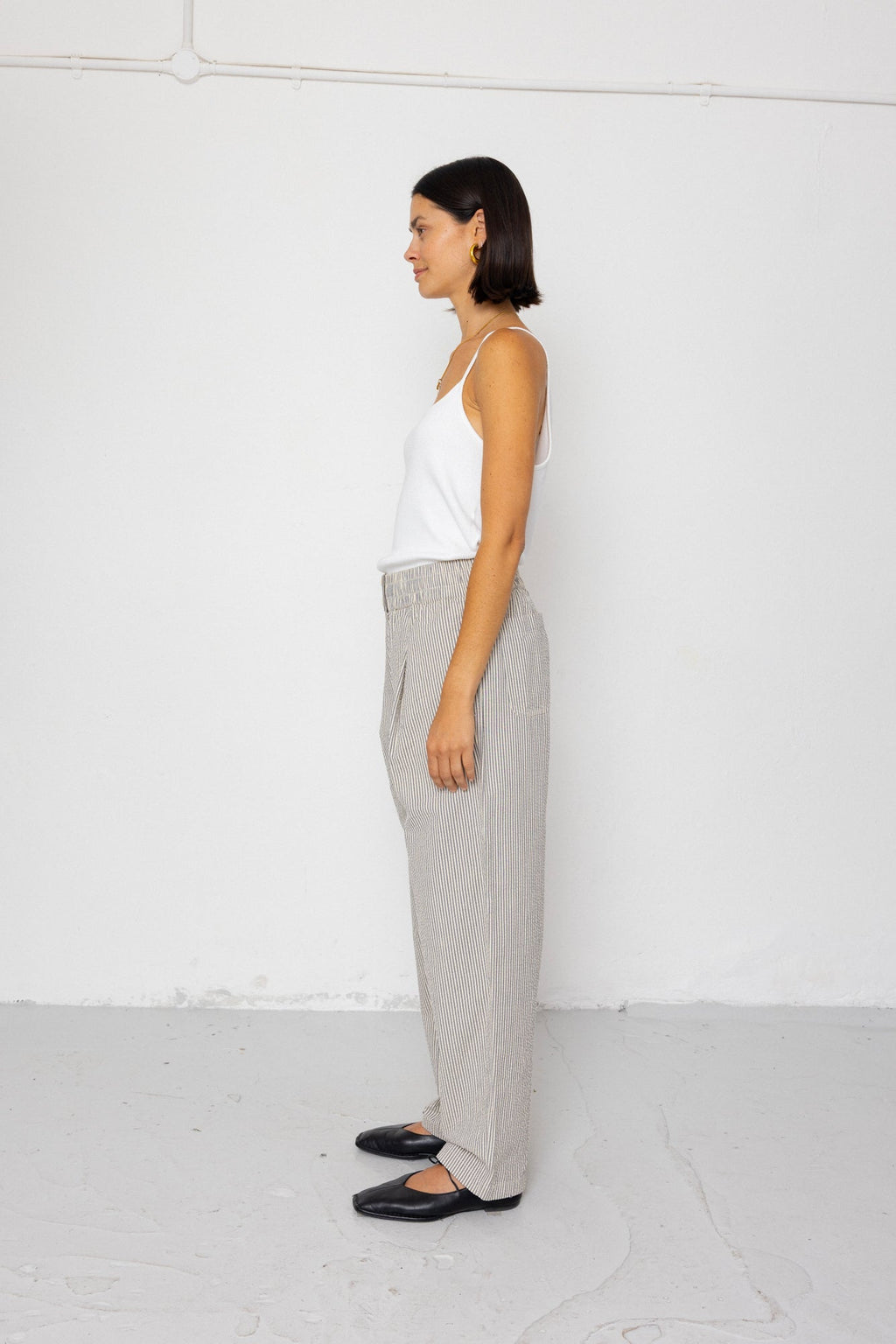 Drawcord Baggy Pants - Ecru Grey Stripe Seersucker