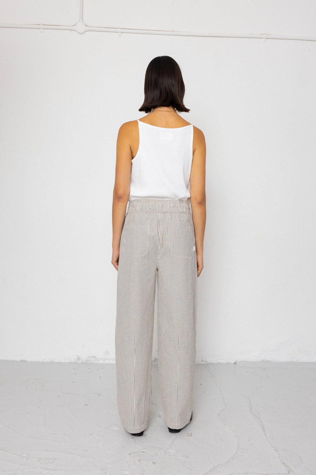 Drawcord Baggy Pants - Ecru Grey Stripe Seersucker