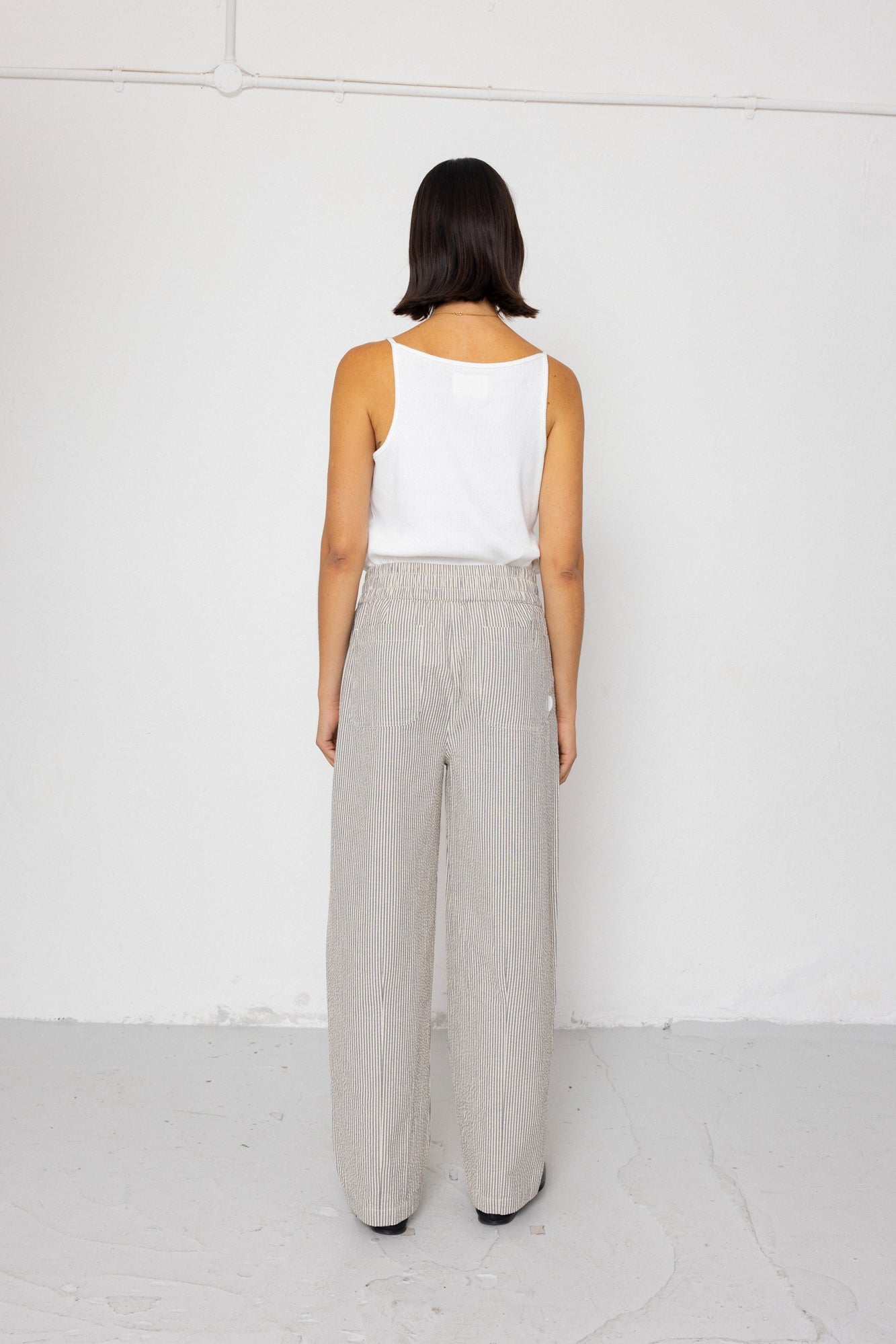 Drawcord Baggy Pants - Ecru Grey Stripe Seersucker