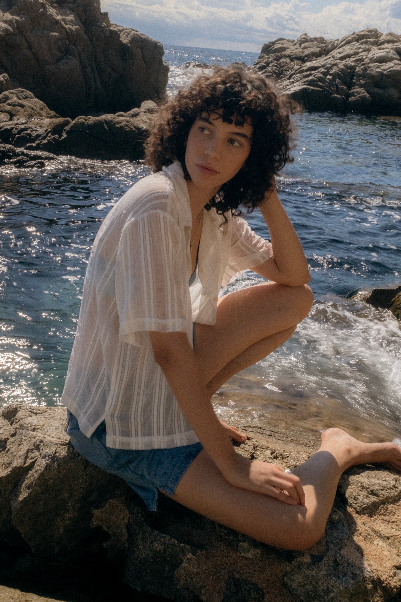 Short Sleeve Soft Collar Shirt - Off White Dobby Stripe