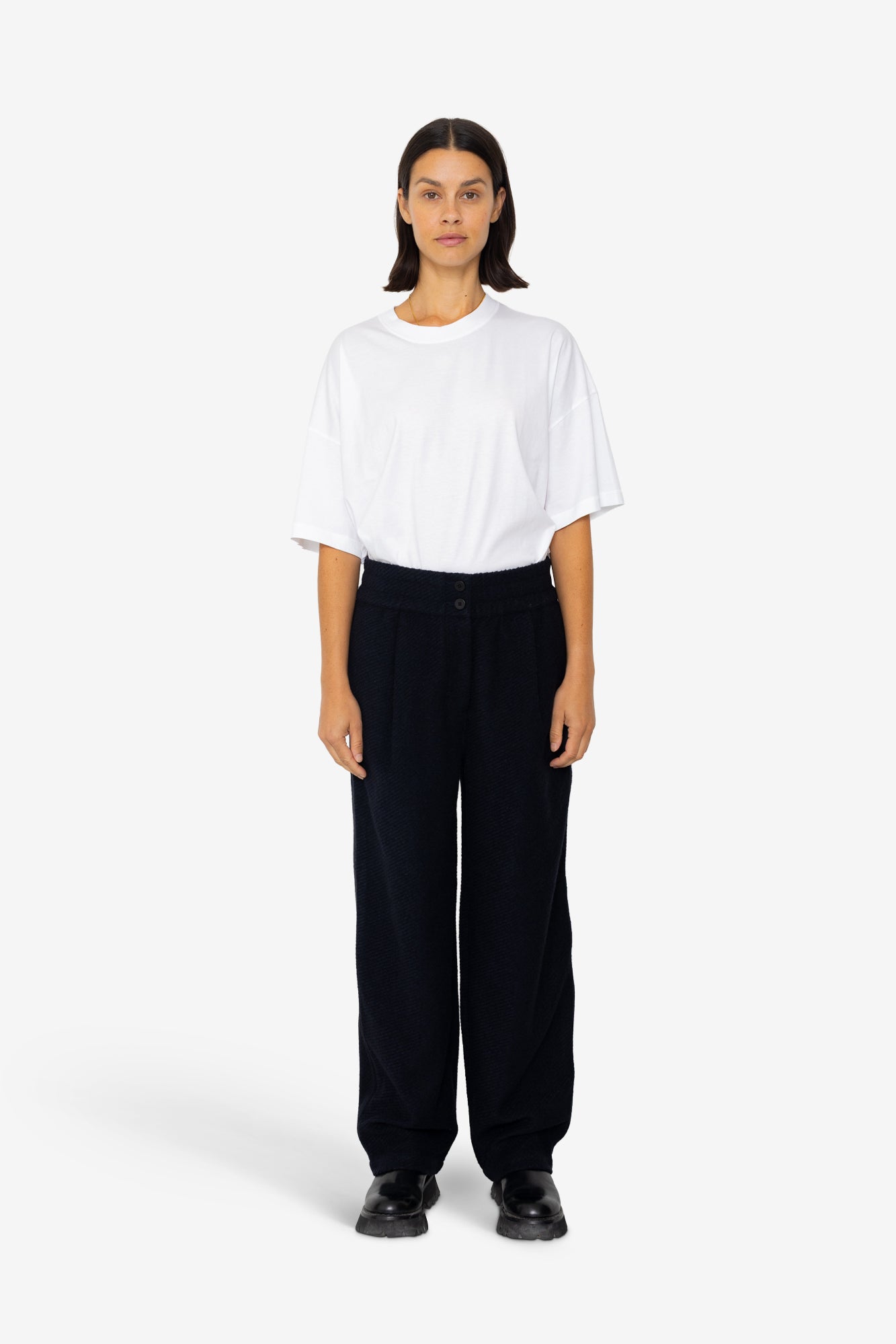 Drawcord Baggy Pants - Navy Wool Twill