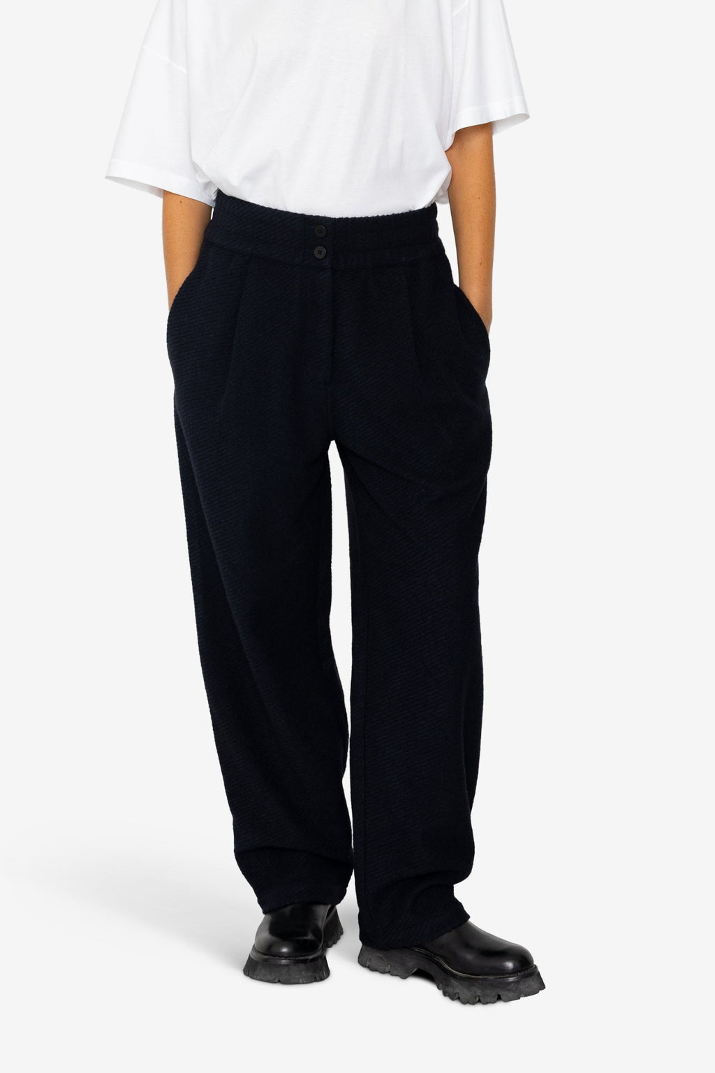 Drawcord Baggy Pants - Navy Wool Twill
