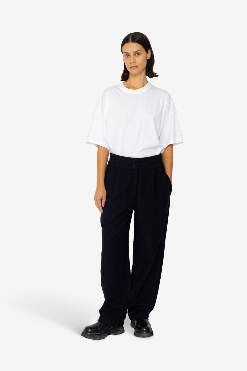 Drawcord Baggy Pants - Navy Wool Twill