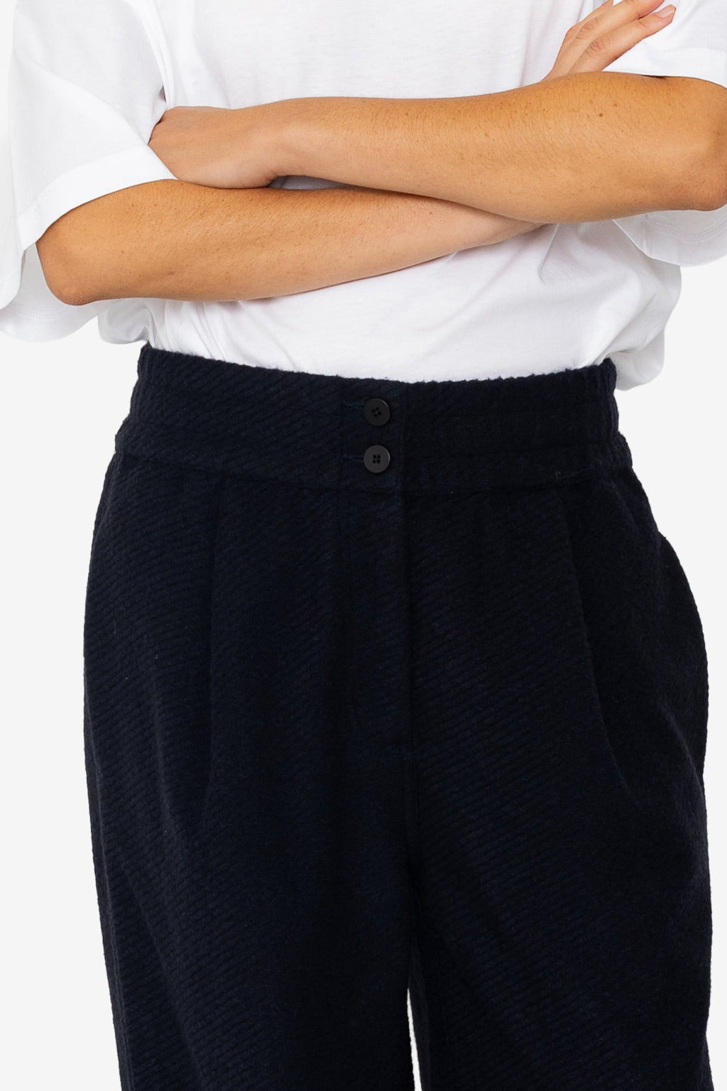 Drawcord Baggy Pants - Navy Wool Twill
