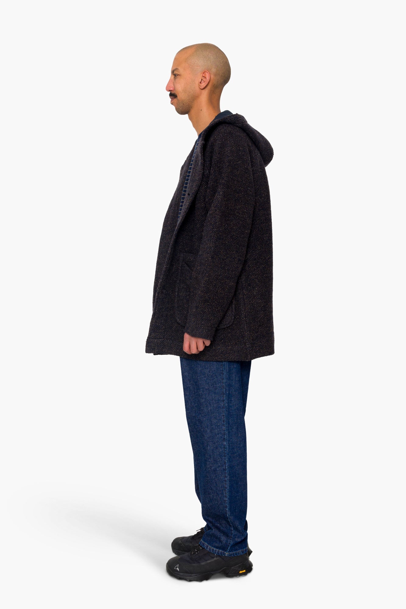 Hooded Car Coat - Navy Brown Texture