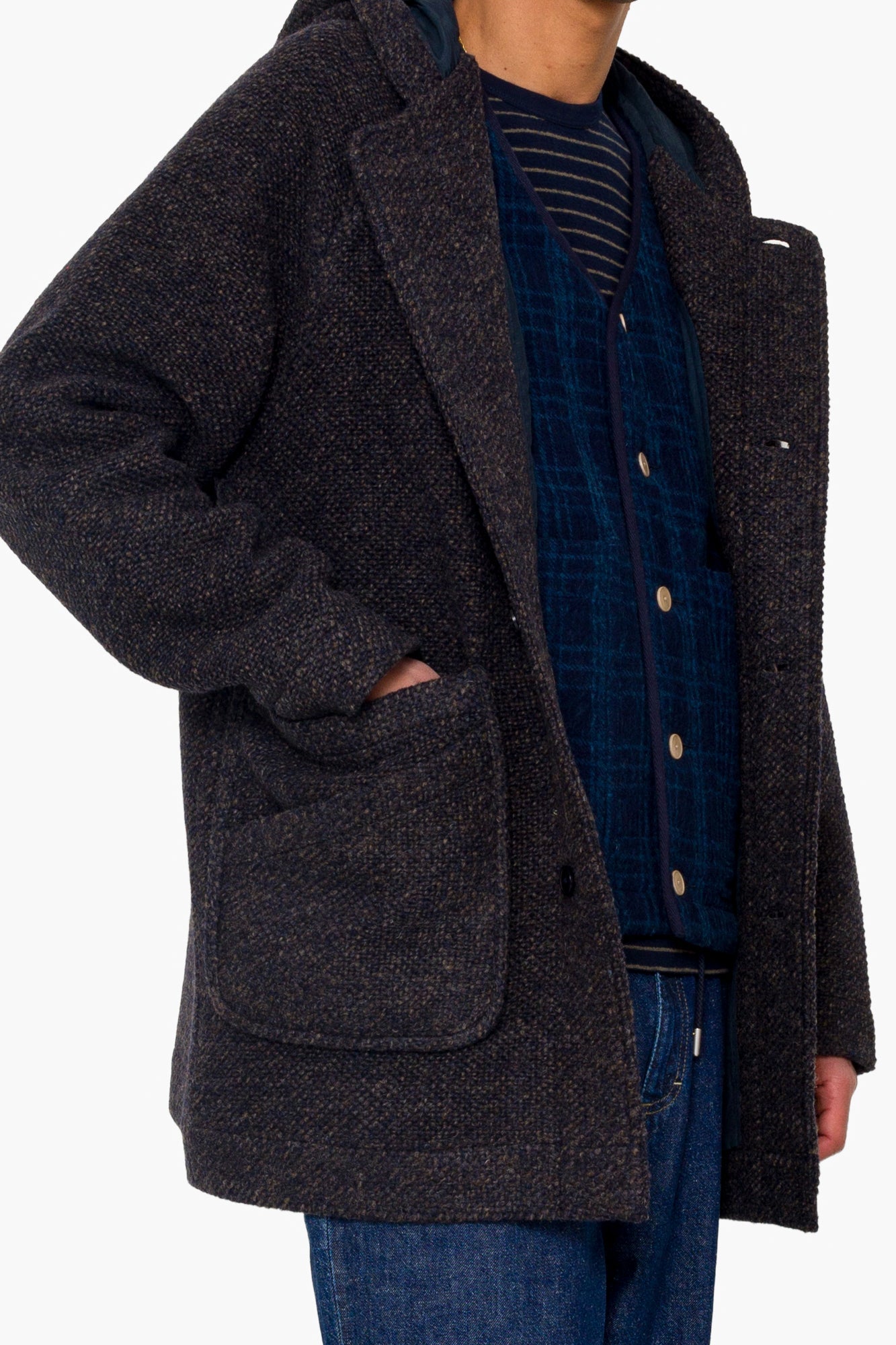 Hooded Car Coat - Navy Brown Texture