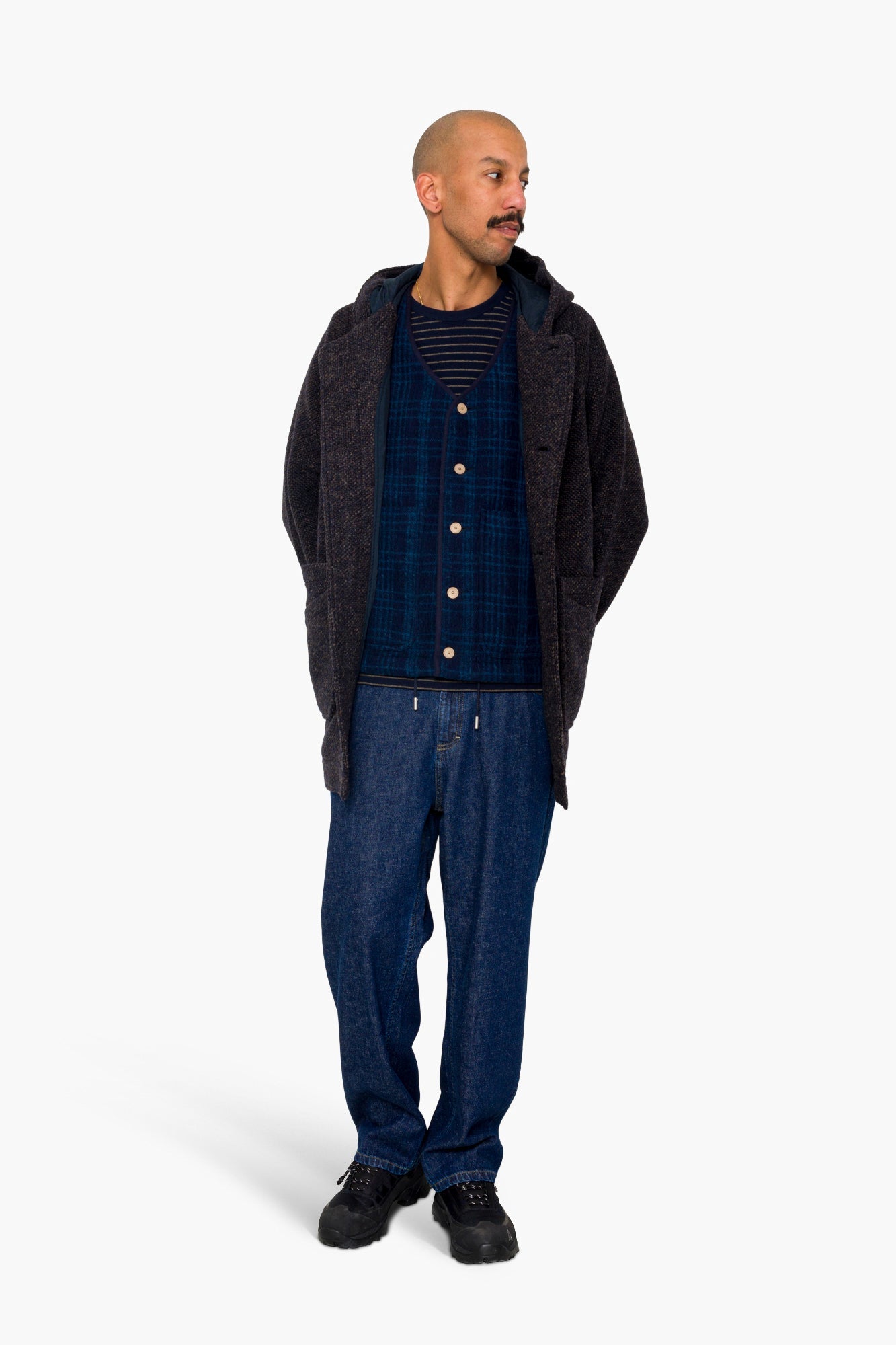 Hooded Car Coat - Navy Brown Texture