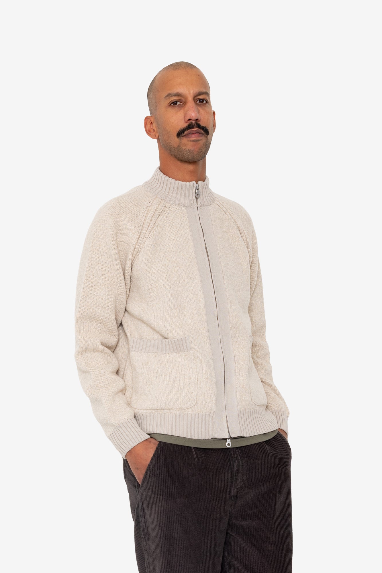 Knitted Zip Thru Bomber - Stone