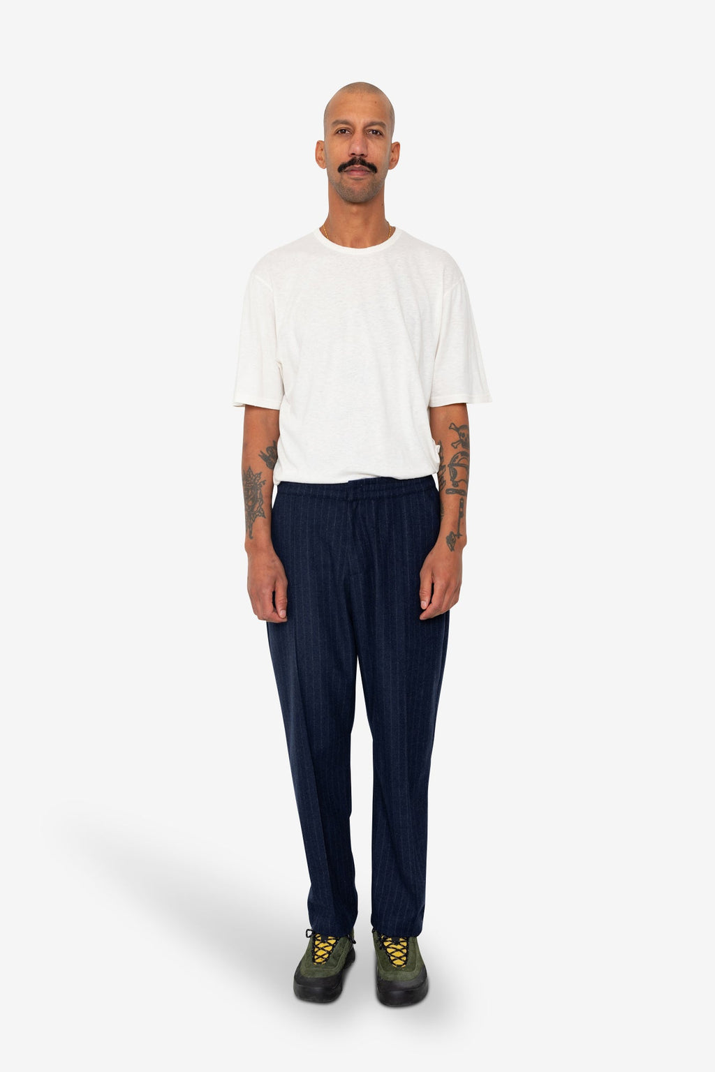 Pintuck Trouser - Navy Wool Stripe