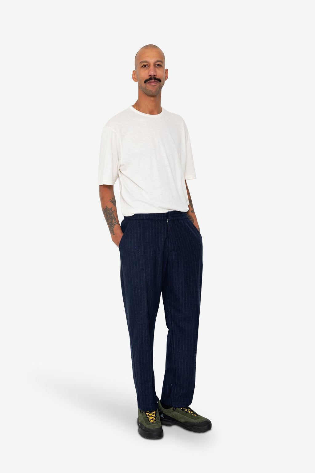 Pintuck Trouser - Navy Wool Stripe