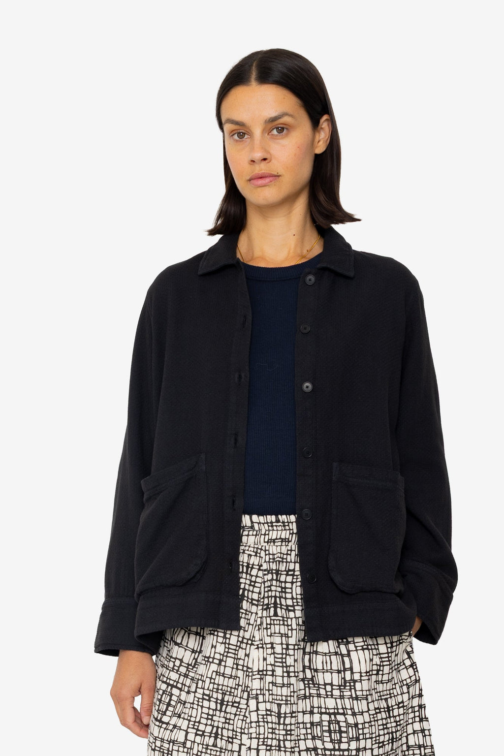 Pleated Shirt - Black Small Basketweave