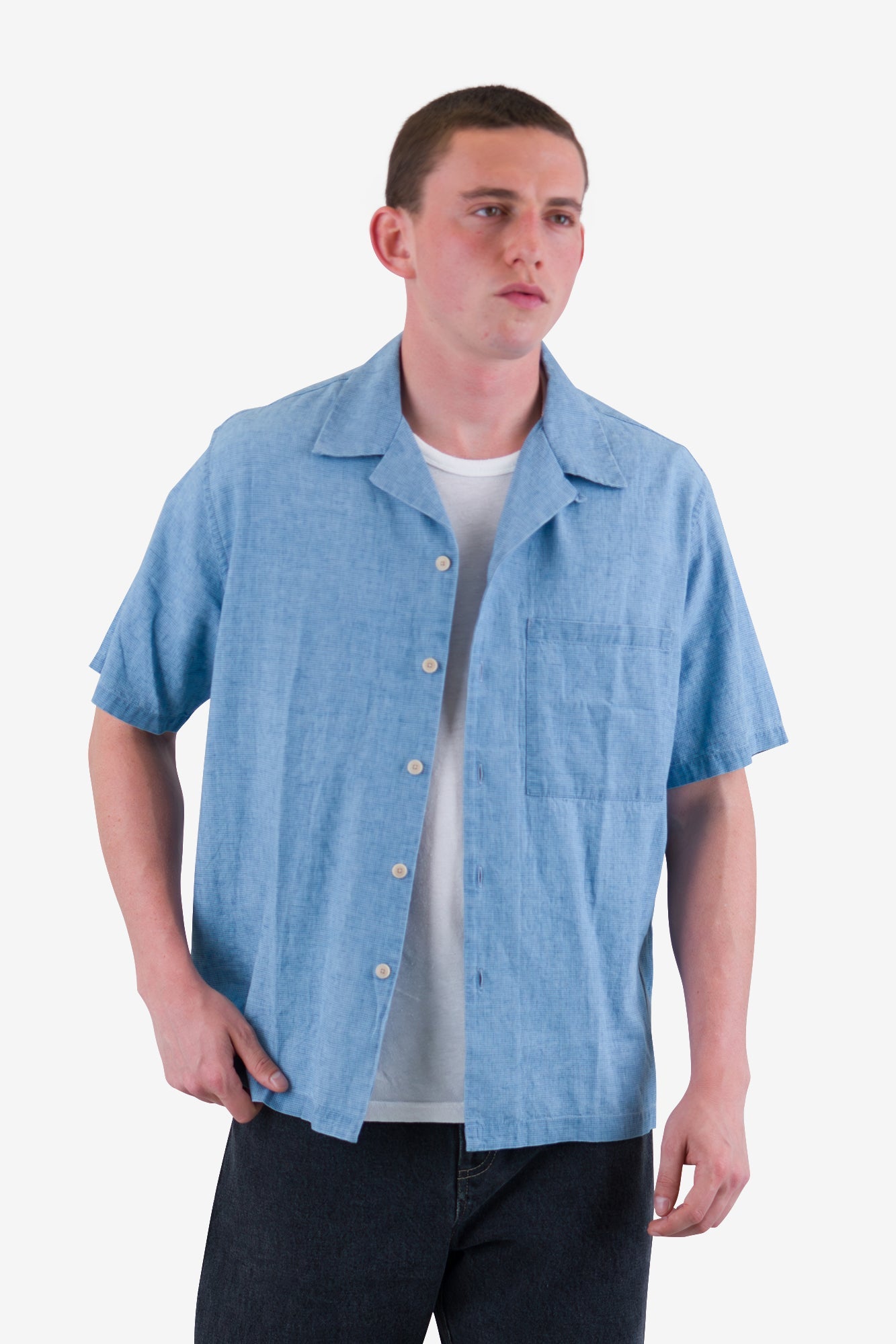 Relaxed Soft Collar Shirt - Indigo Microcheck