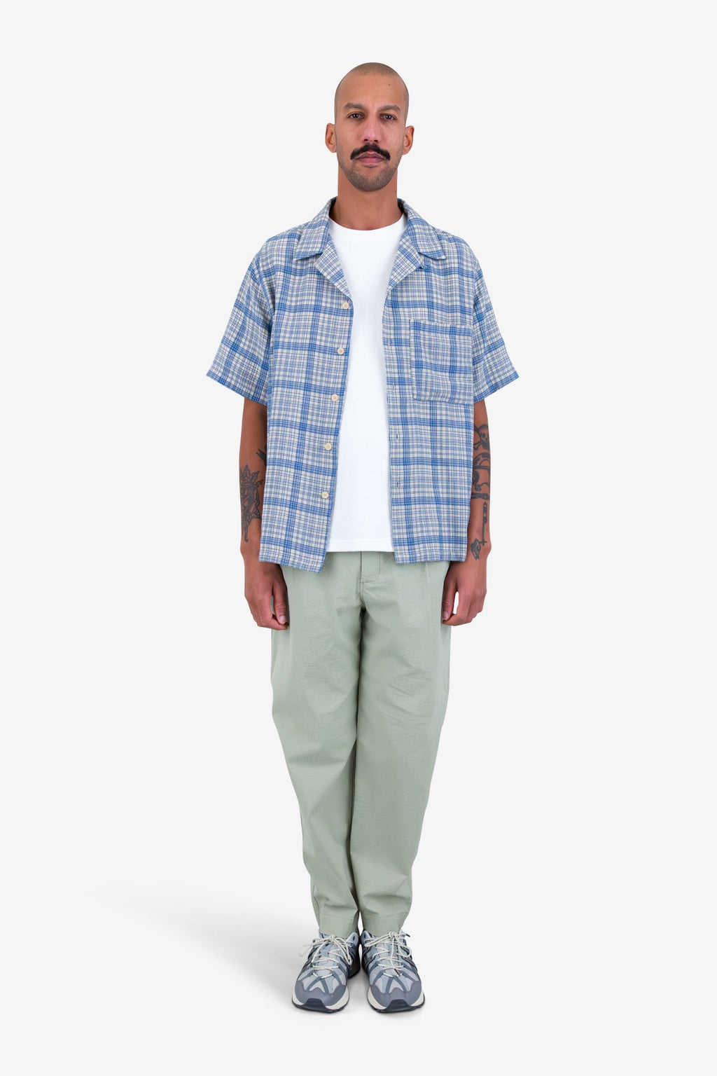 Relaxed Soft Collar Shirt - Stone Blue Open Weave Check