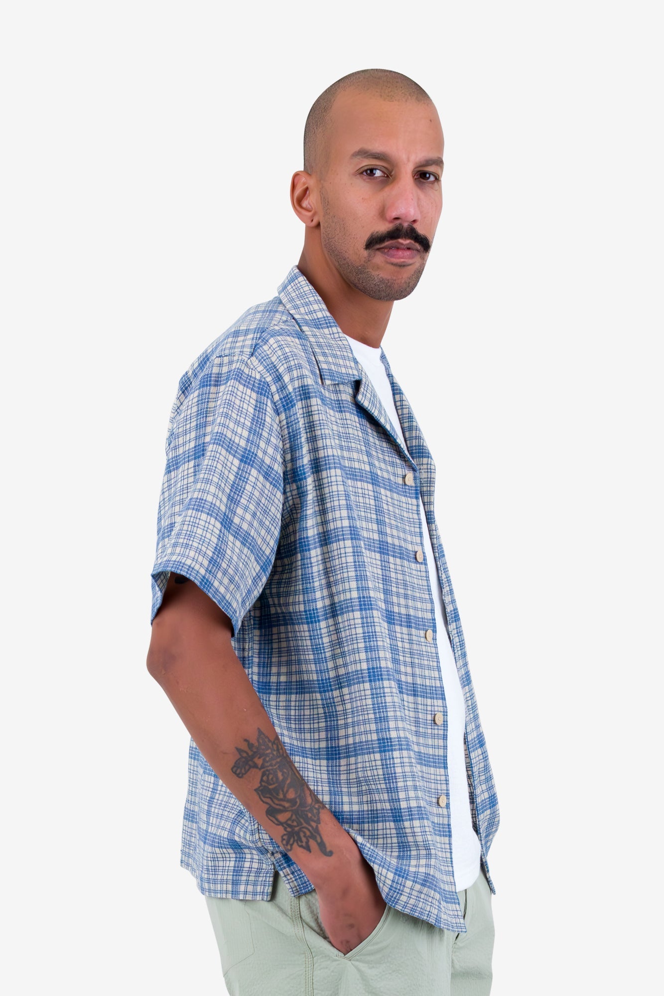 Relaxed Soft Collar Shirt - Stone Blue Open Weave Check