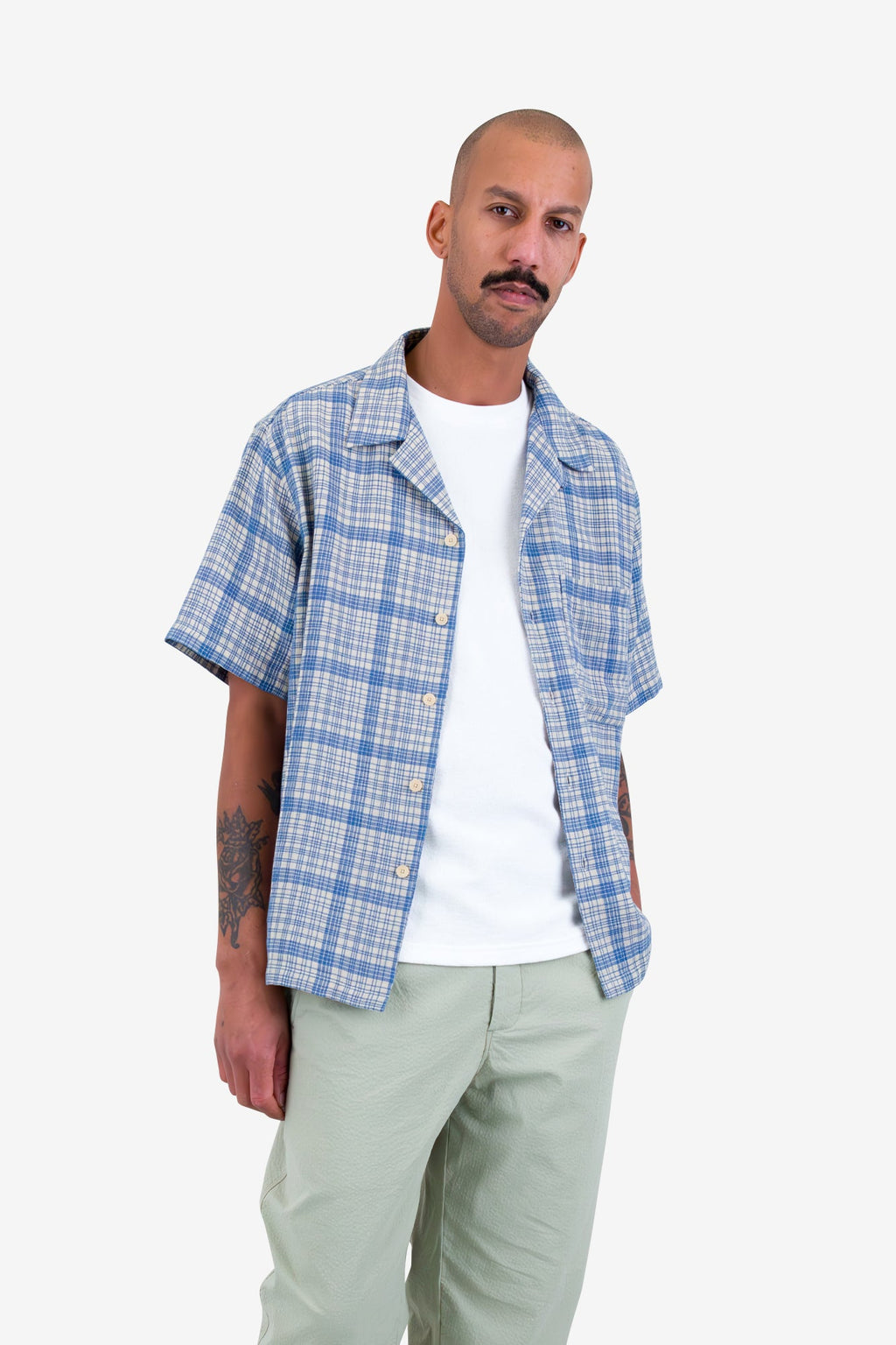 Relaxed Soft Collar Shirt - Stone Blue Open Weave Check