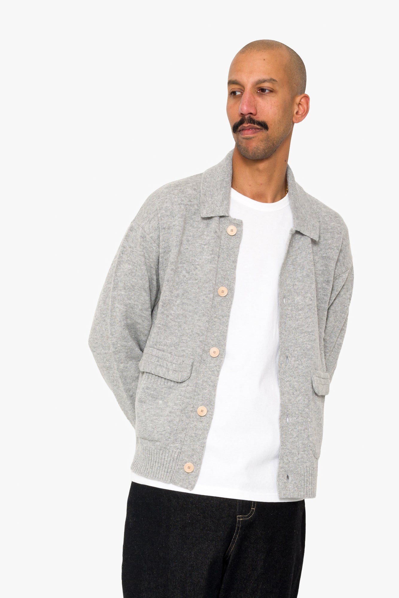 Rib Collared Cardigan - Silver Grey