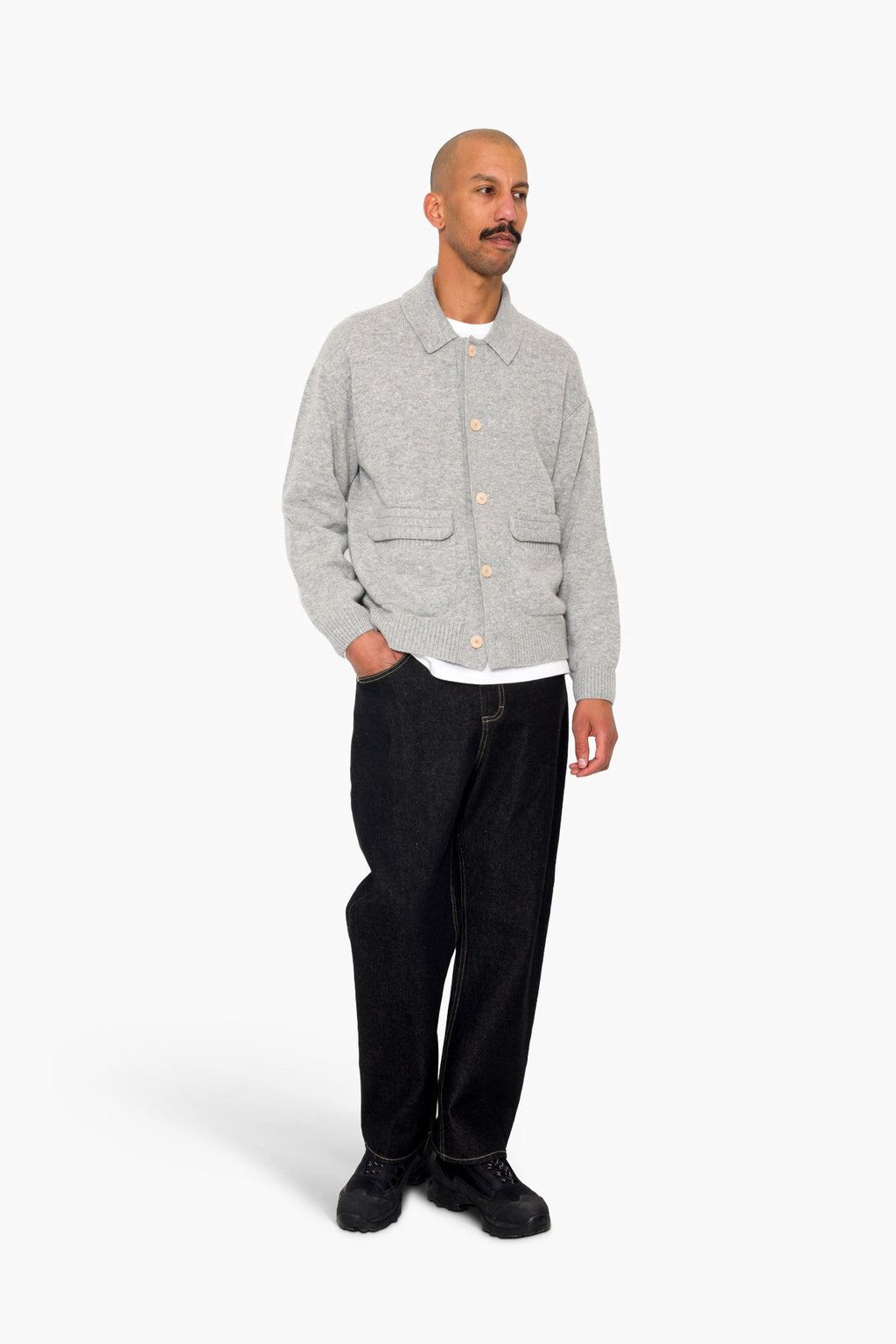 Rib Collared Cardigan - Silver Grey