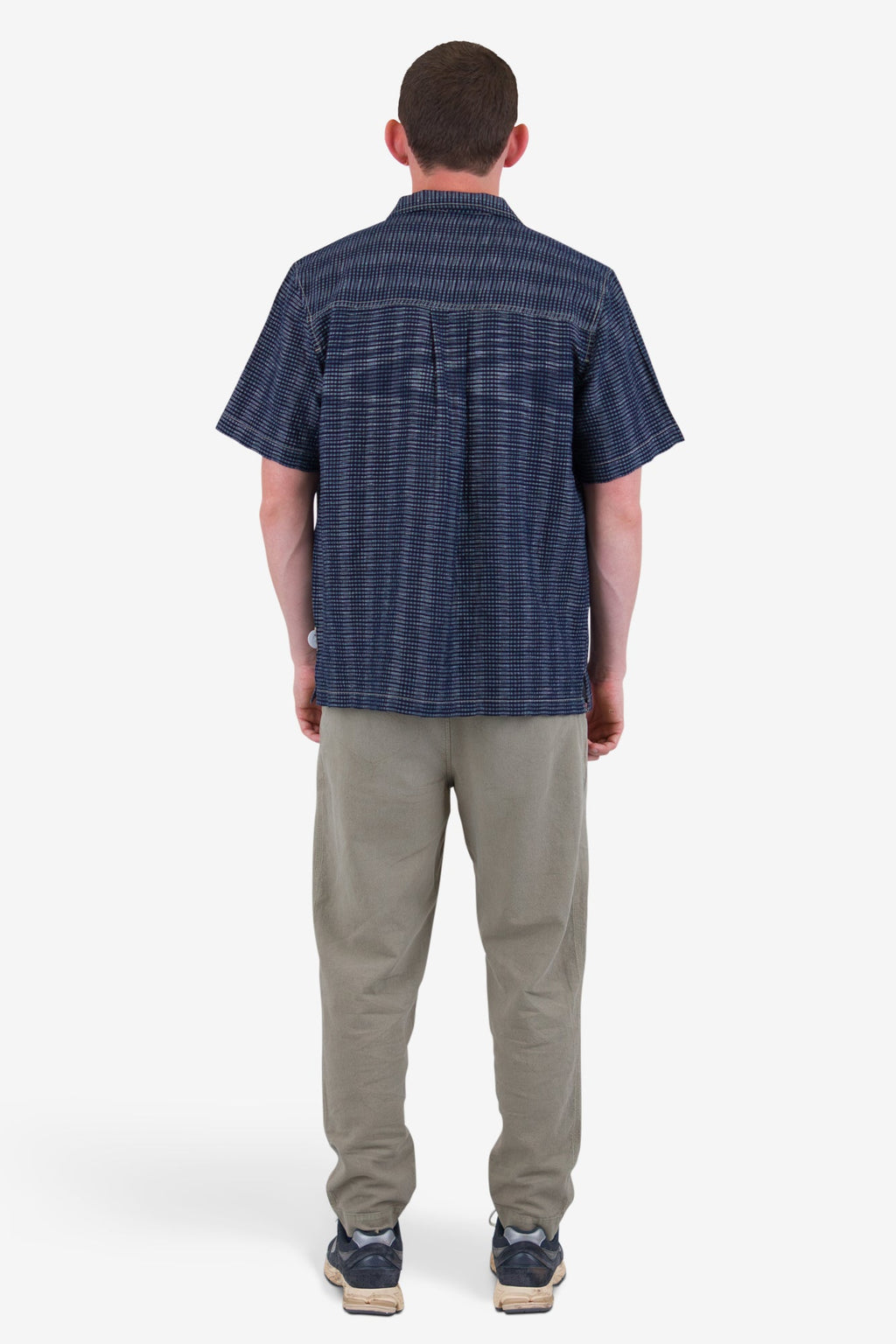 Short Sleeve Revere Shirt - Navy Textured Stripe