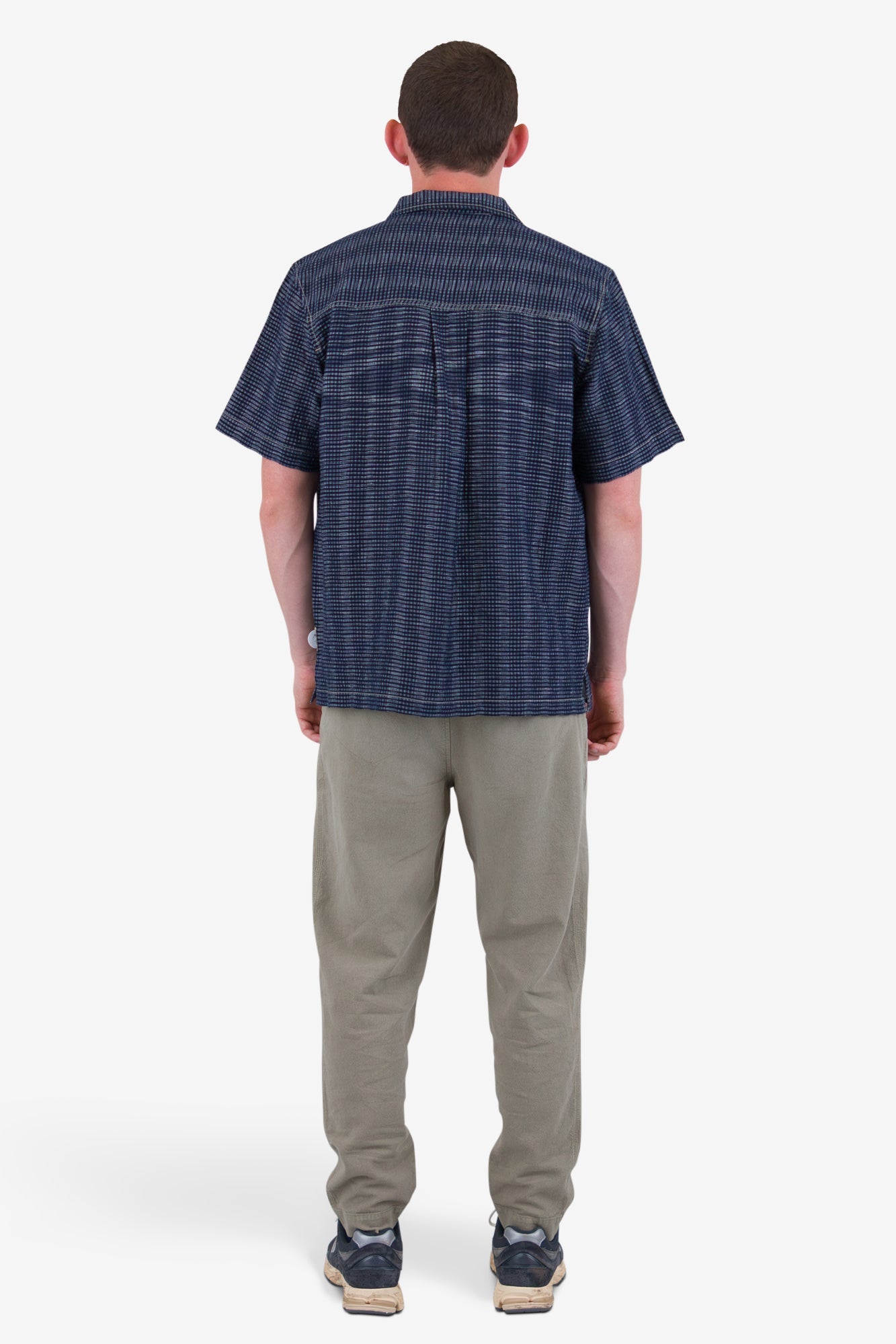Short Sleeve Revere Shirt - Navy Textured Stripe