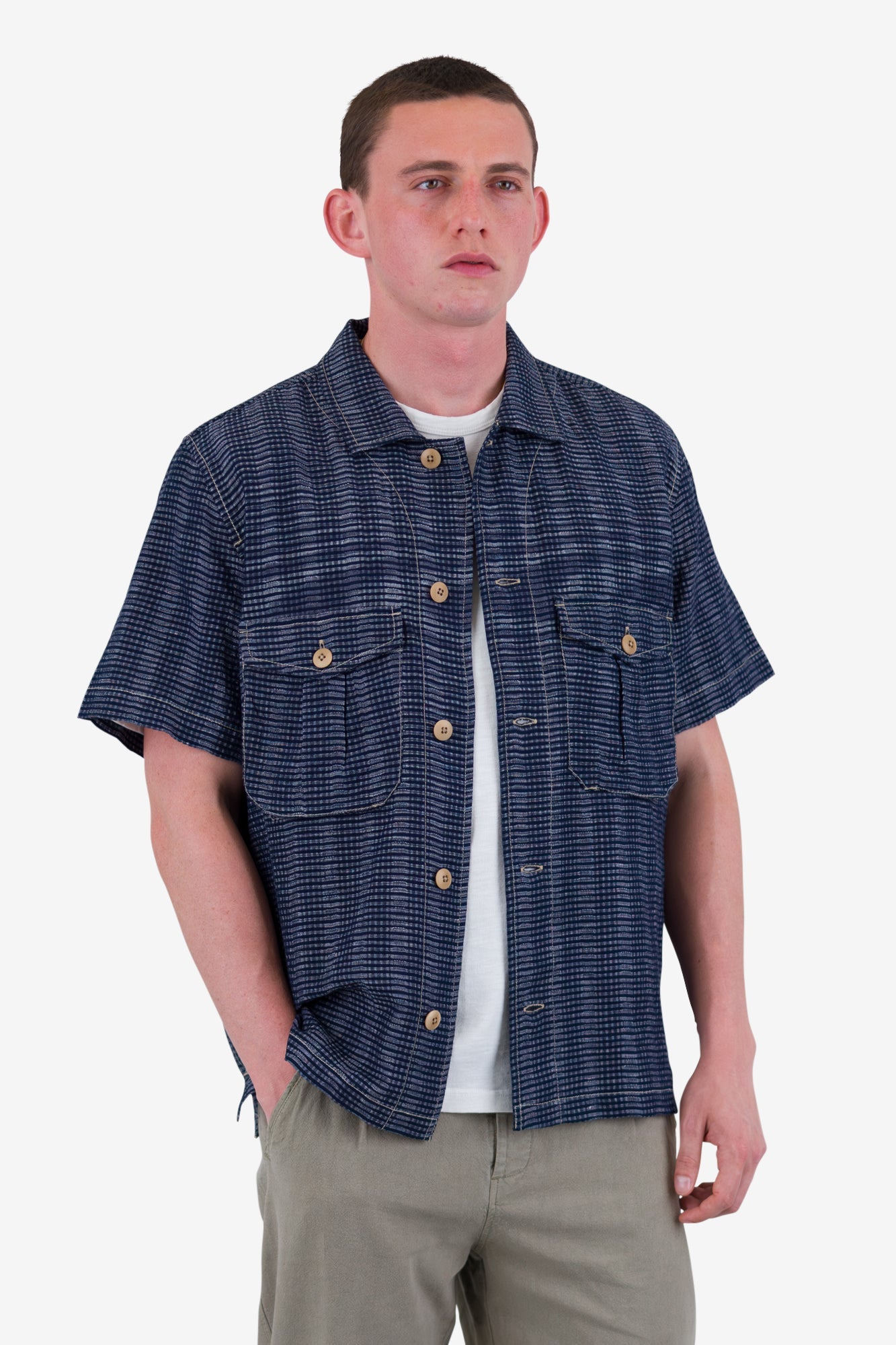 Short Sleeve Revere Shirt - Navy Textured Stripe
