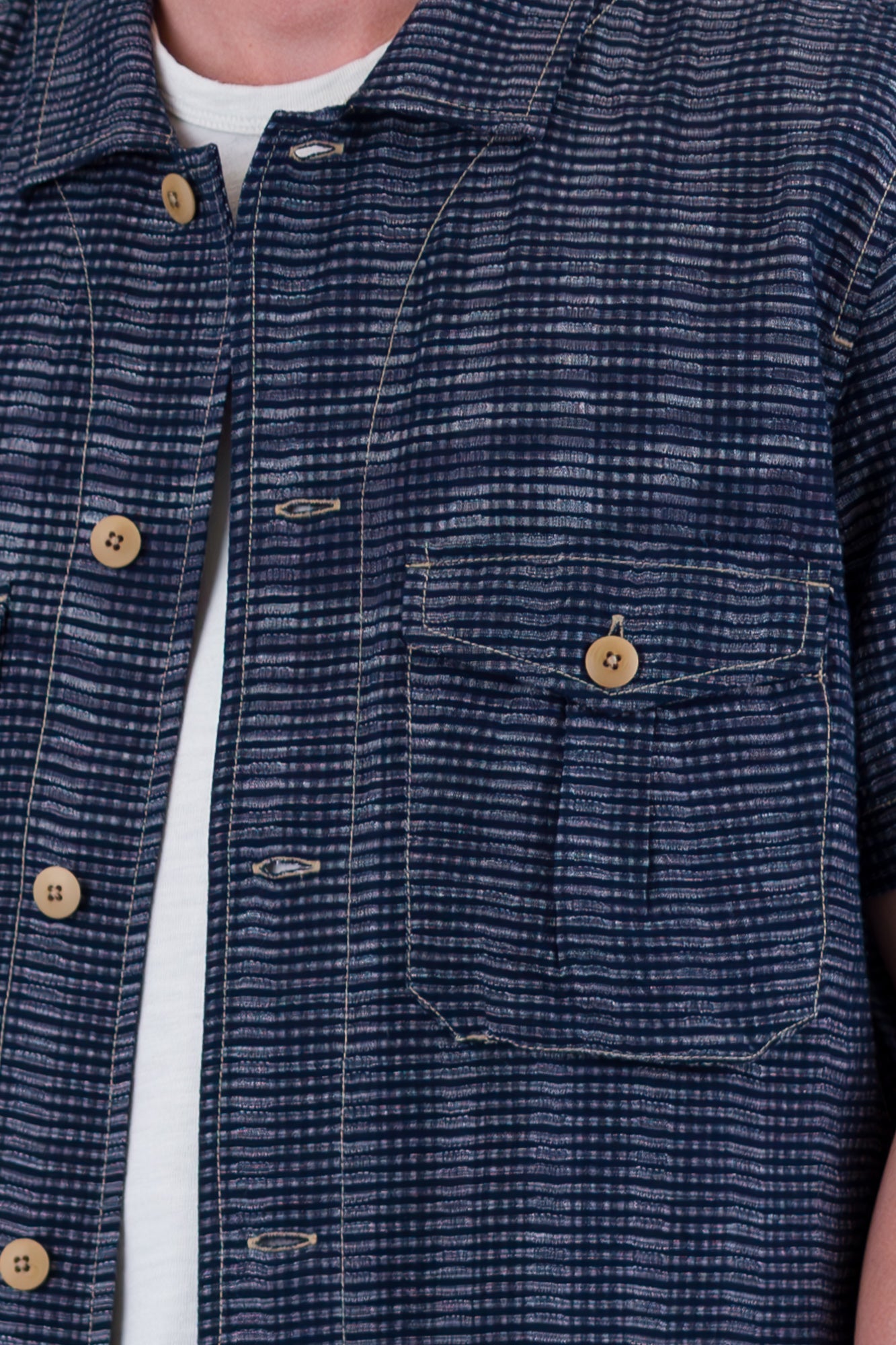 Short Sleeve Revere Shirt - Navy Textured Stripe