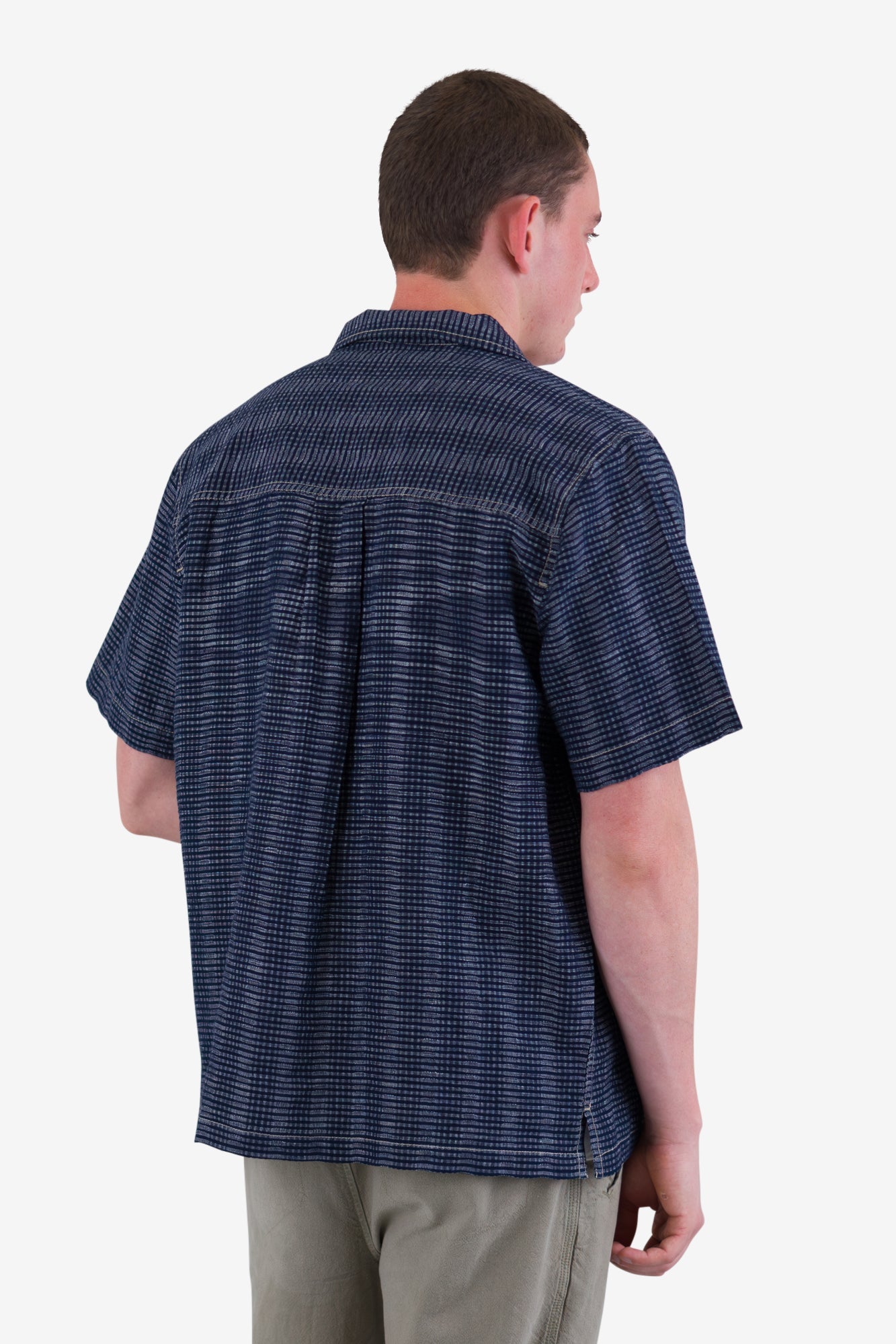 Short Sleeve Revere Shirt - Navy Textured Stripe