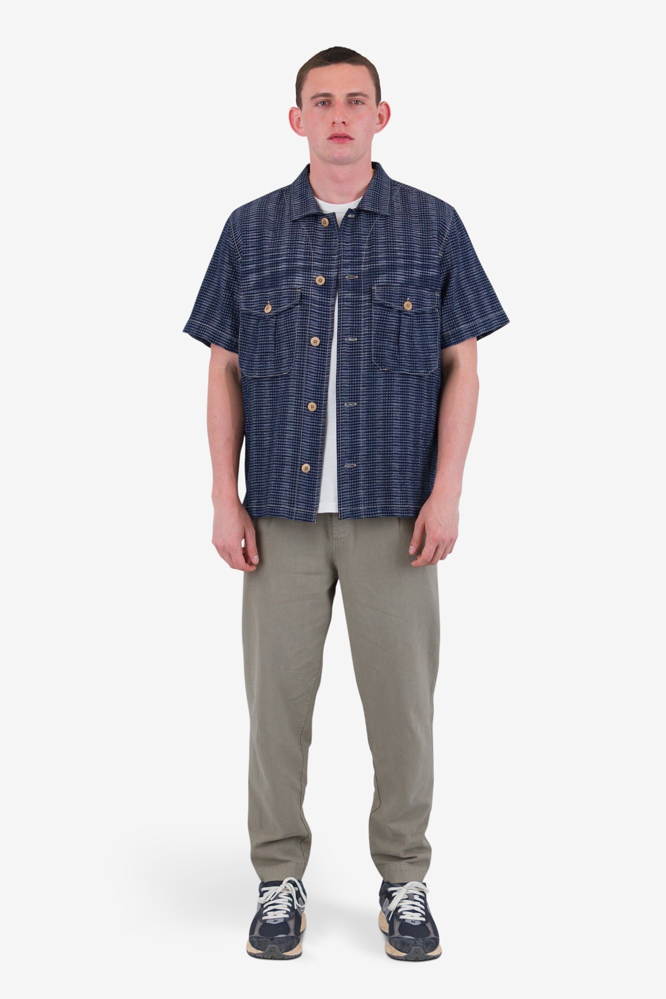 Short Sleeve Revere Shirt - Navy Textured Stripe