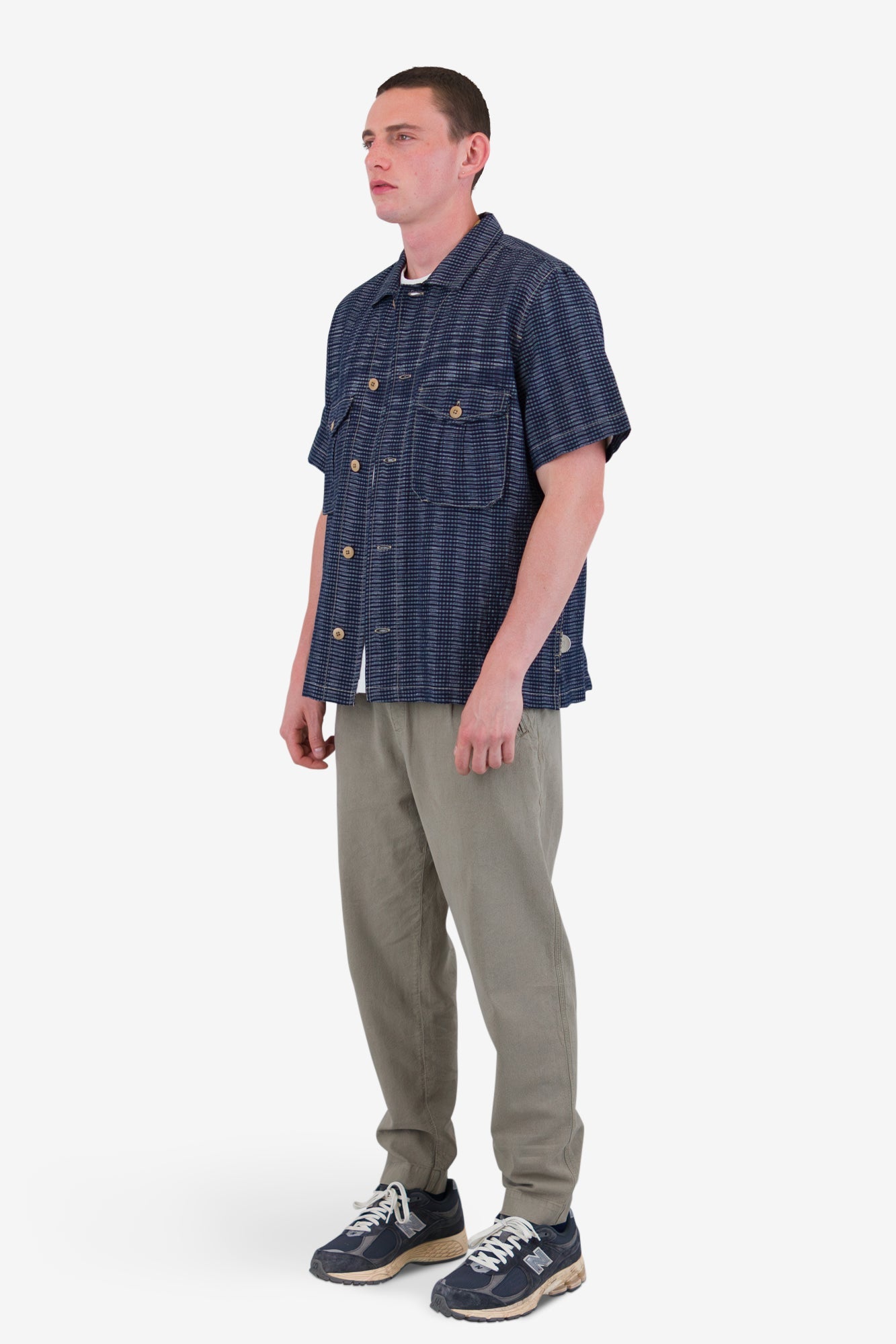 Short Sleeve Revere Shirt - Navy Textured Stripe