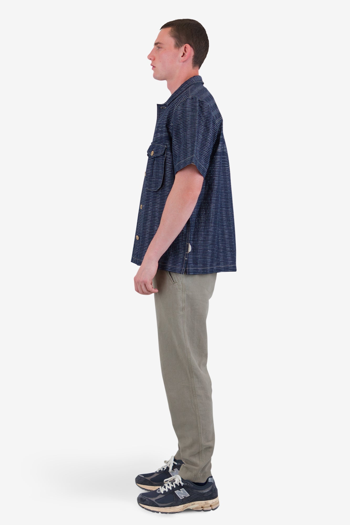 Short Sleeve Revere Shirt - Navy Textured Stripe