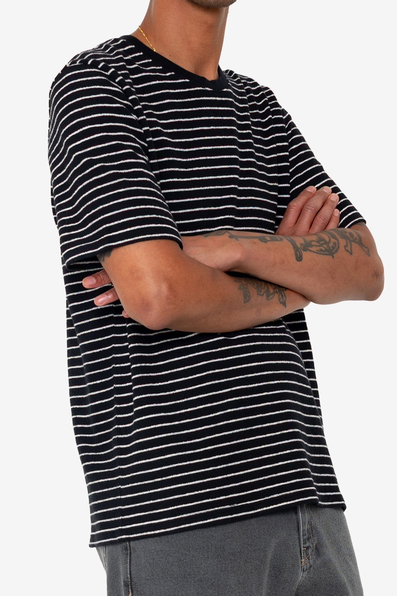 Short Sleeve Textured Striped T-Shirt - Black / Ecru