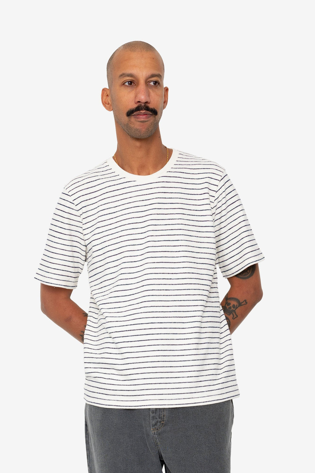 Short Sleeve Textured Striped T-Shirt - Ecru Navy