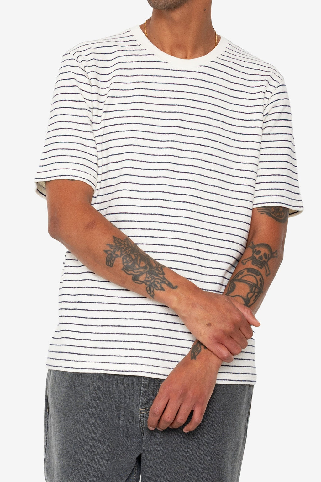 Short Sleeve Textured Striped T-Shirt - Ecru Navy
