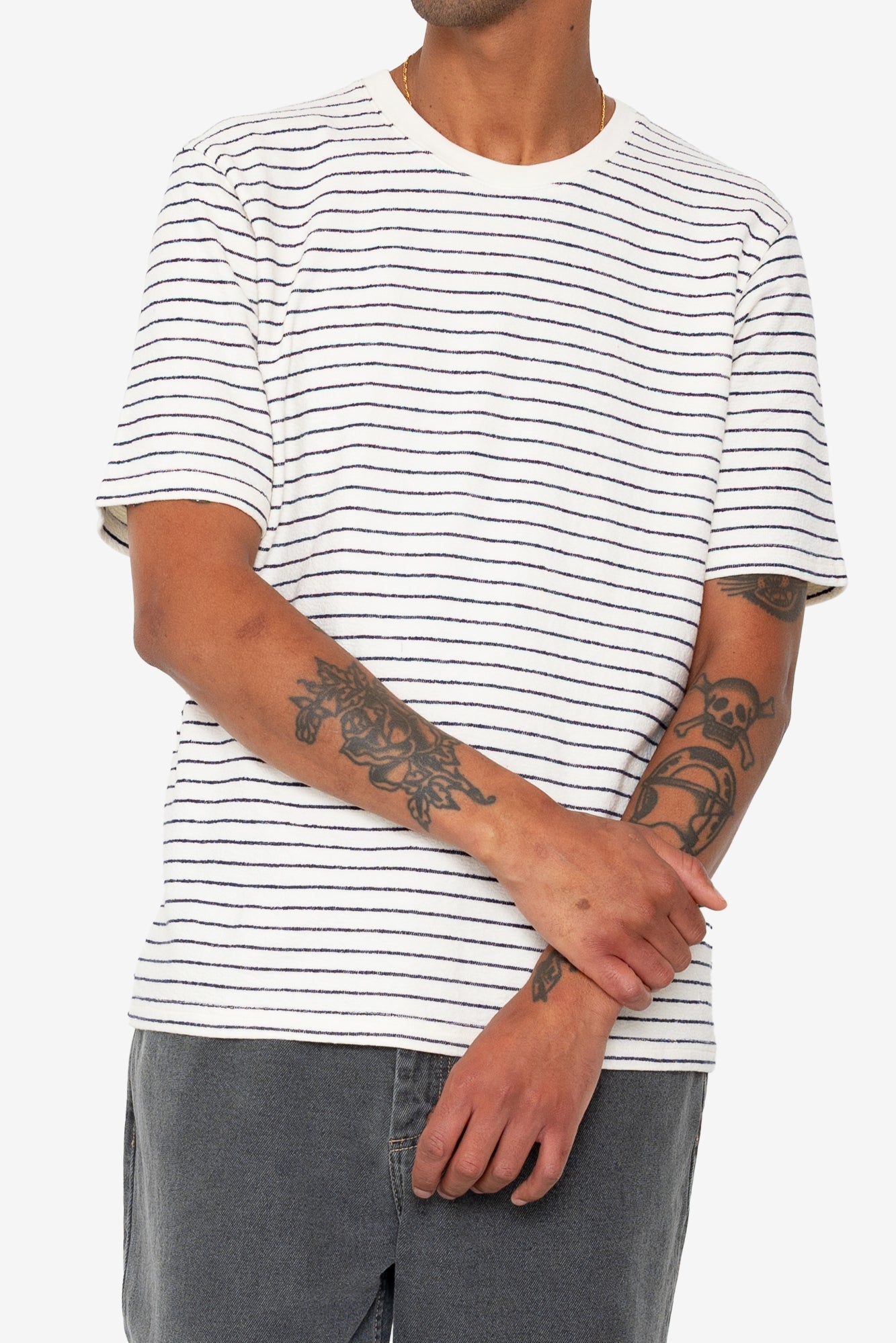 Short Sleeve Textured Striped T-Shirt - Ecru Navy