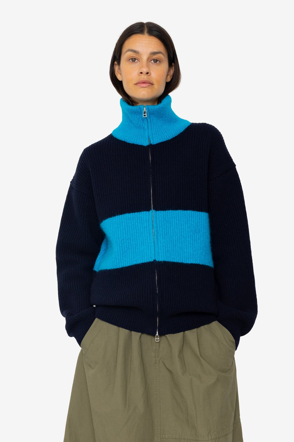 Zip Through Jumper - Navy Cobalt