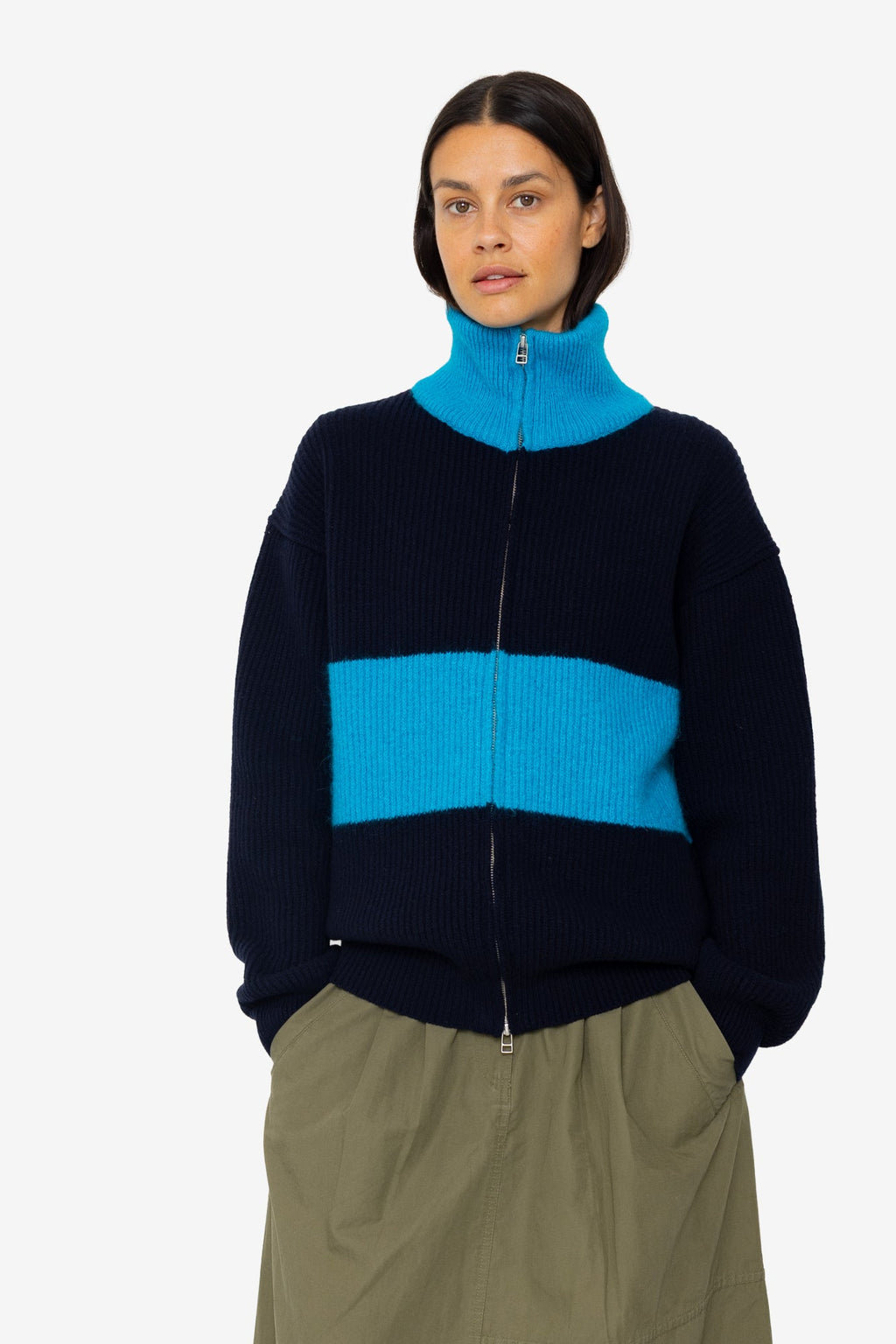 Zip Through Jumper - Navy Cobalt