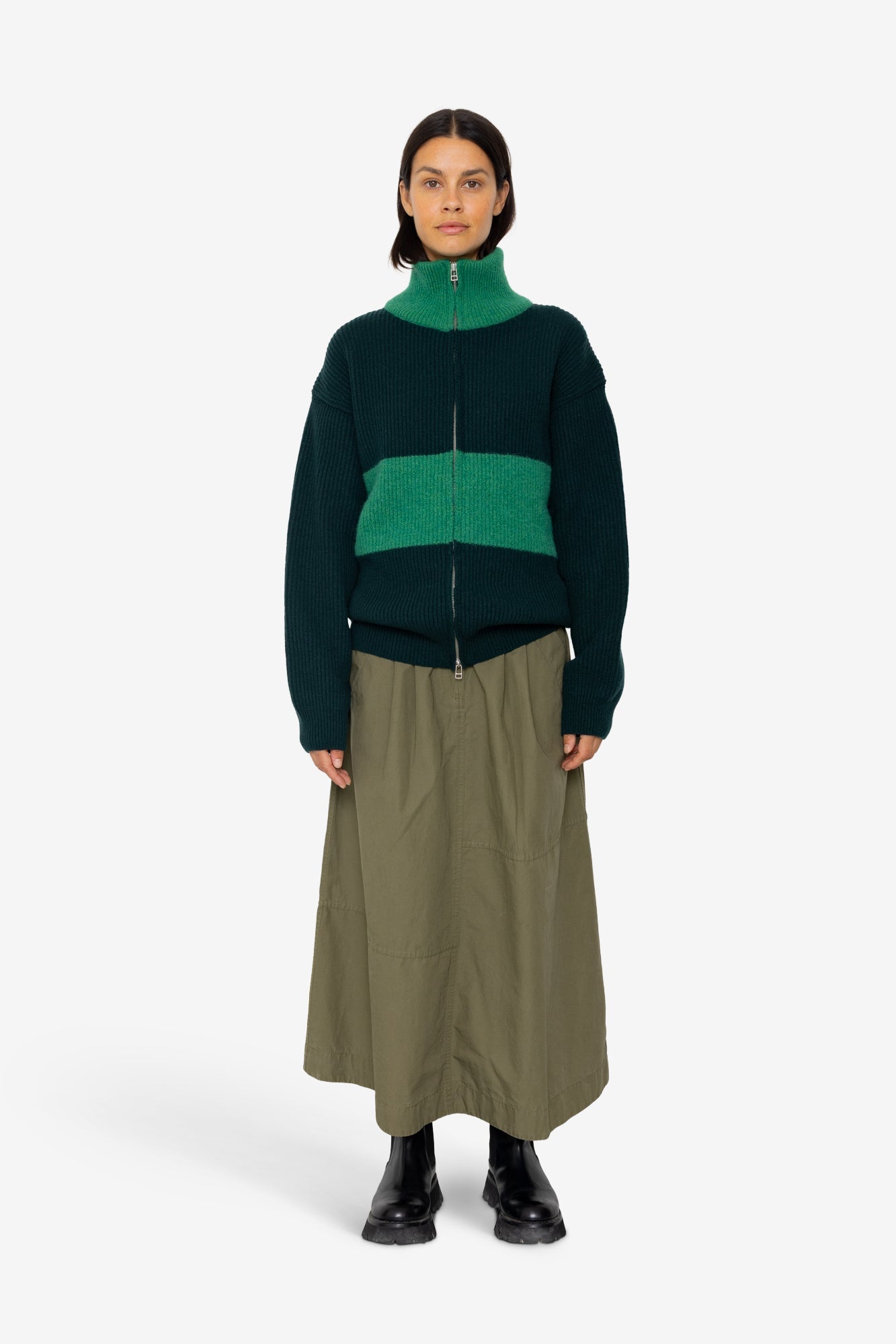 Zip Through Jumper - Dark Green Bright Green