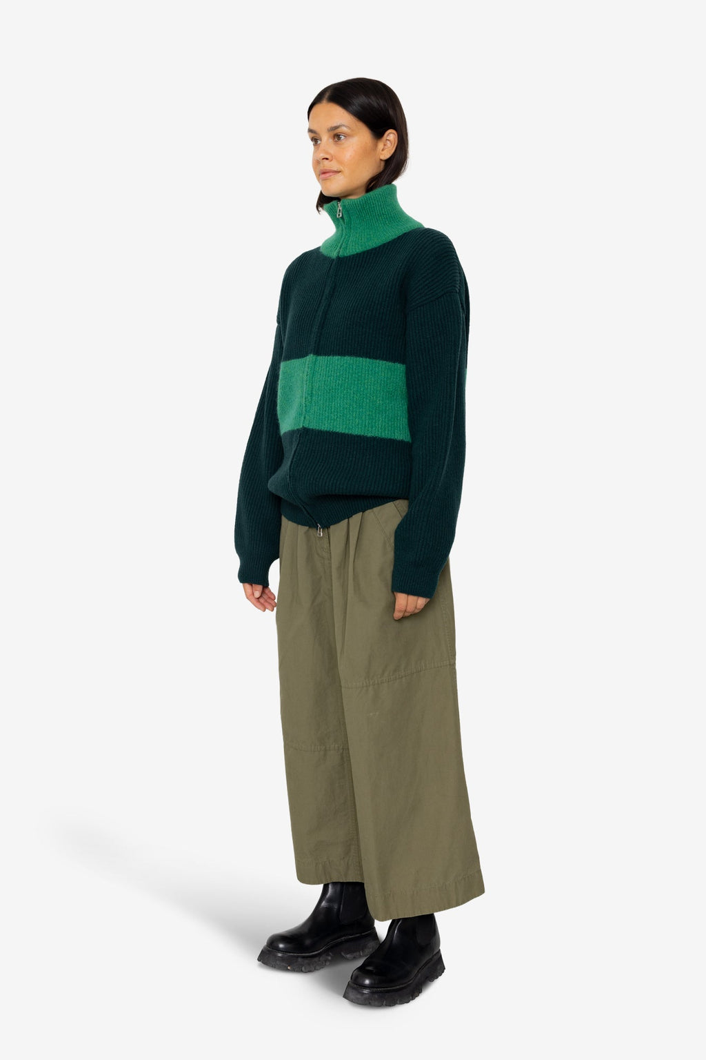 Zip Through Jumper - Dark Green Bright Green