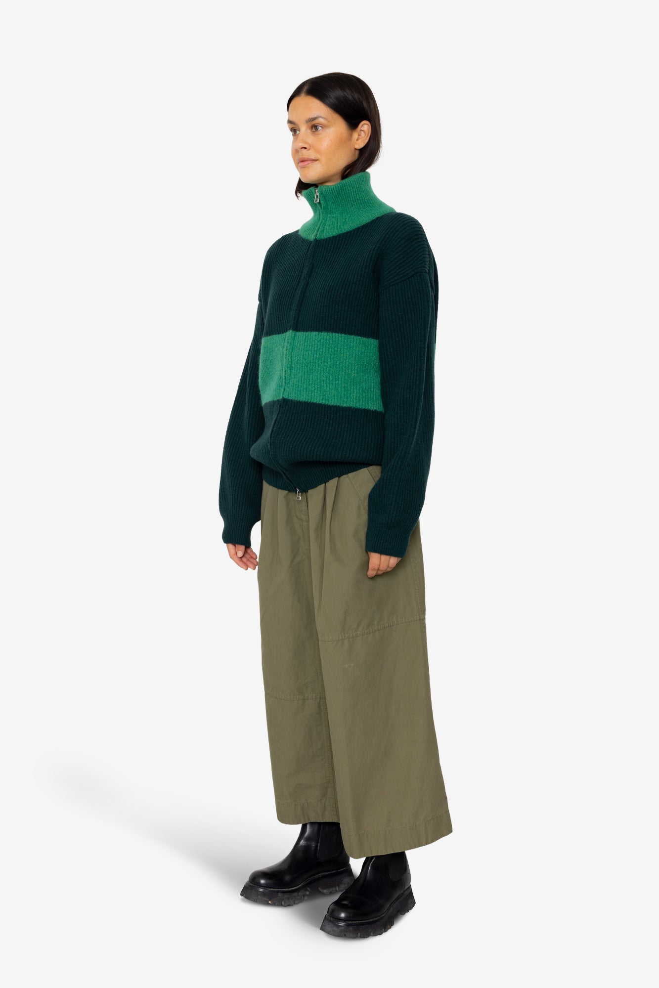 Zip Through Jumper - Dark Green Bright Green