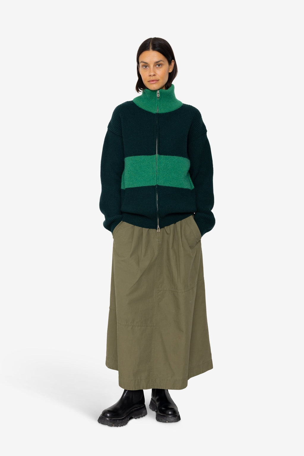 Zip Through Jumper - Dark Green Bright Green