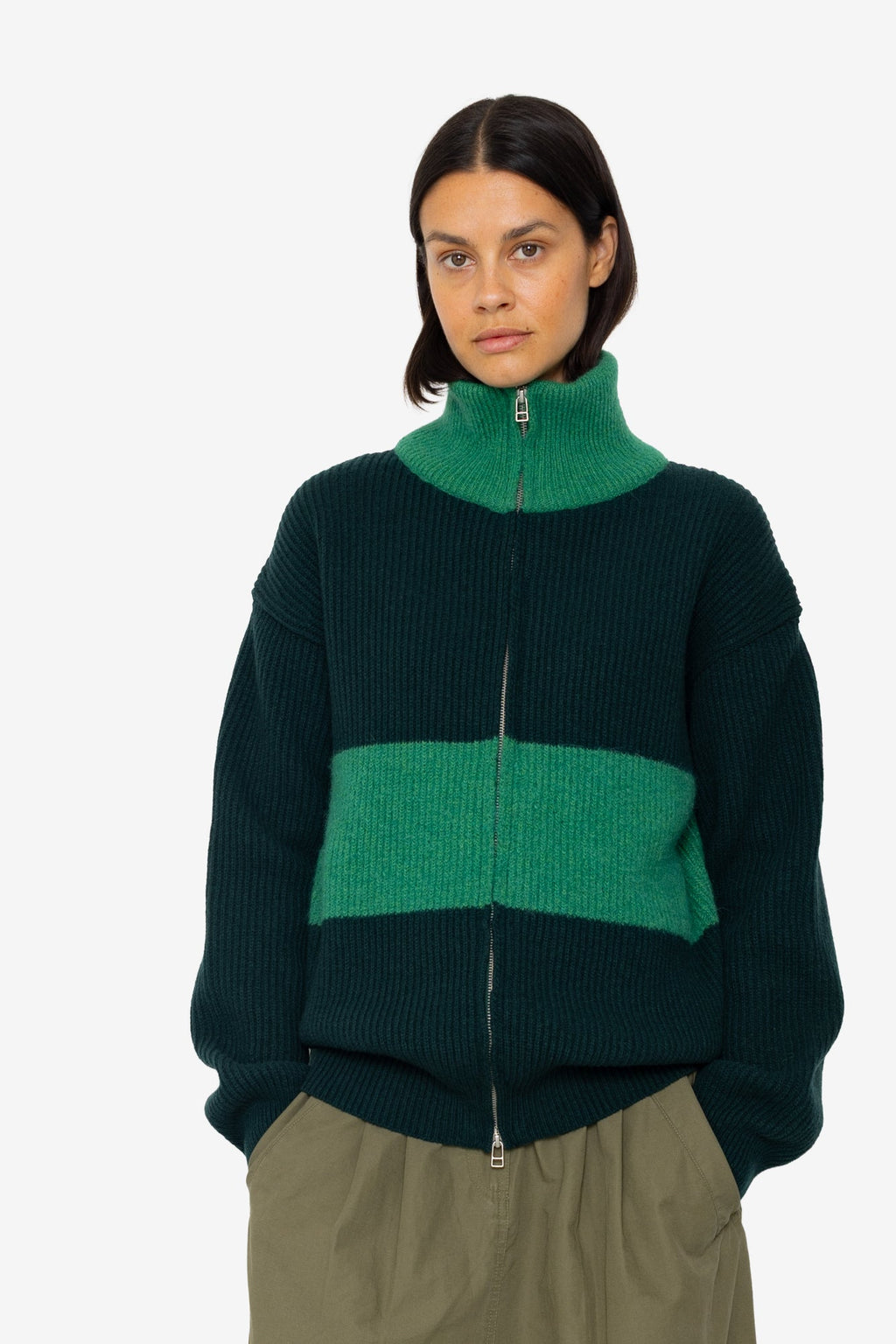Zip Through Jumper - Dark Green Bright Green