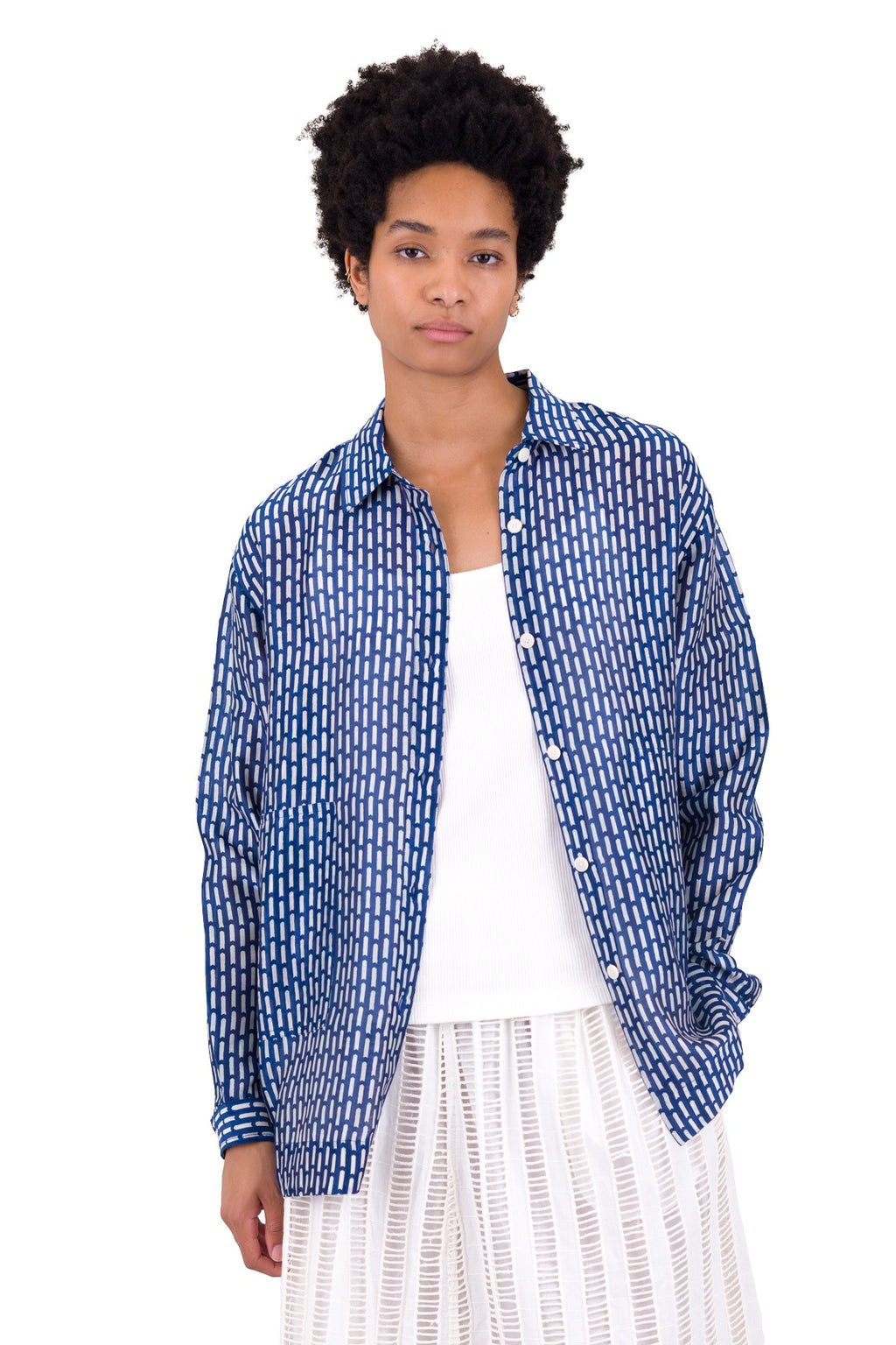 Boyfriend Shirt - Cobalt Ecru Dash Print
