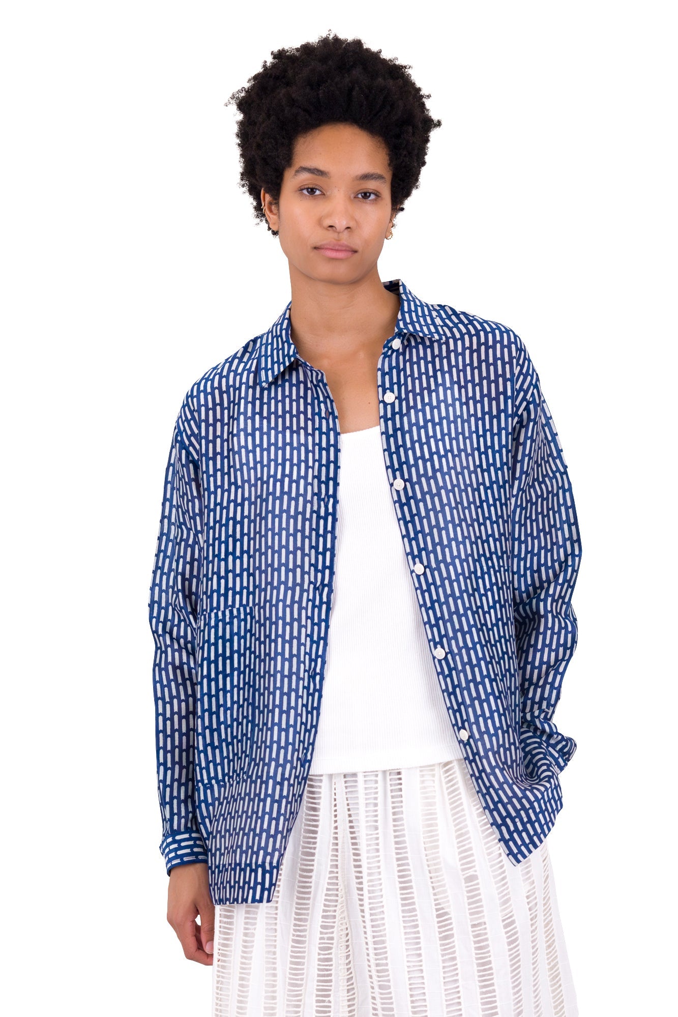 Boyfriend Shirt - Cobalt Ecru Dash Print
