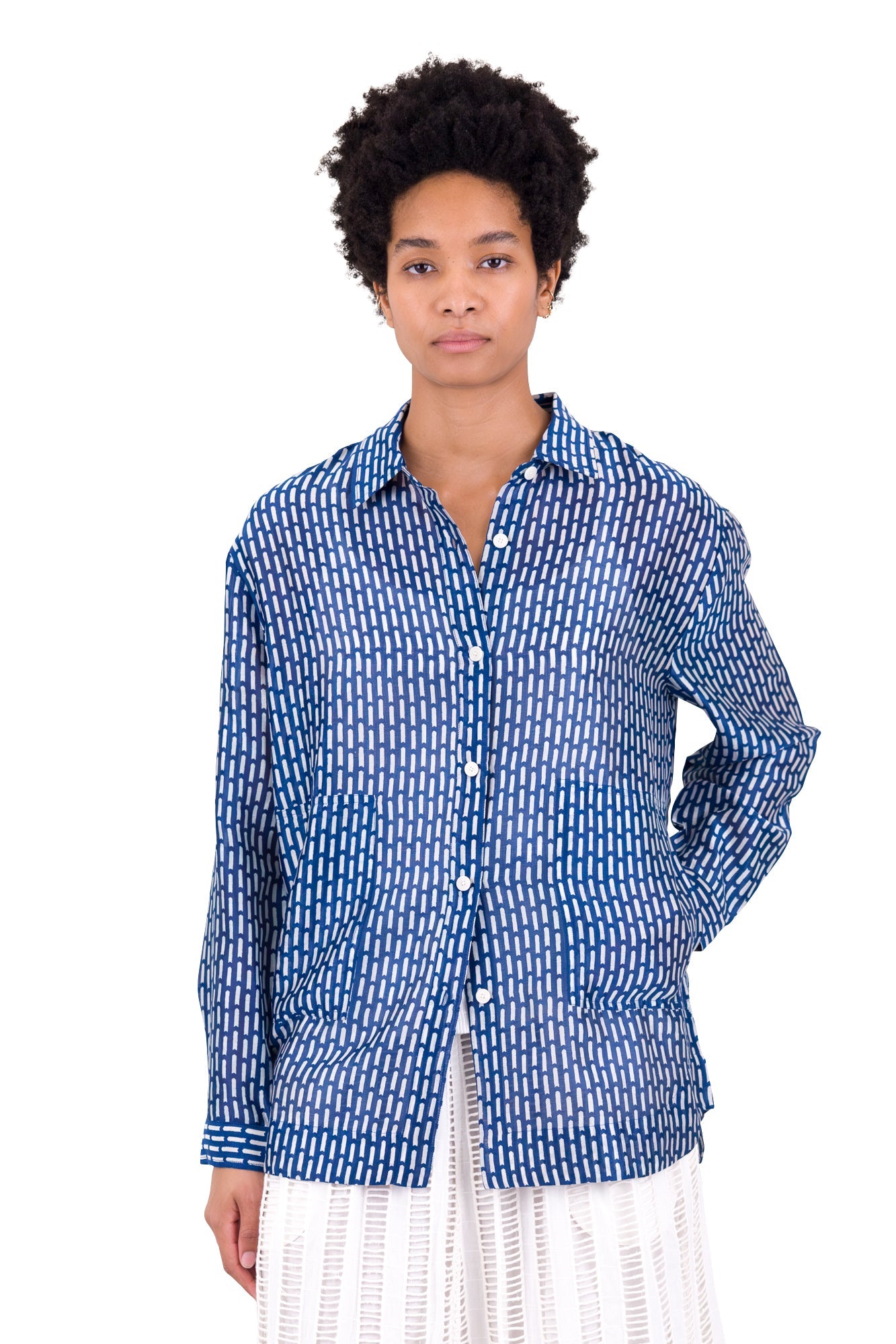 Boyfriend Shirt - Cobalt Ecru Dash Print